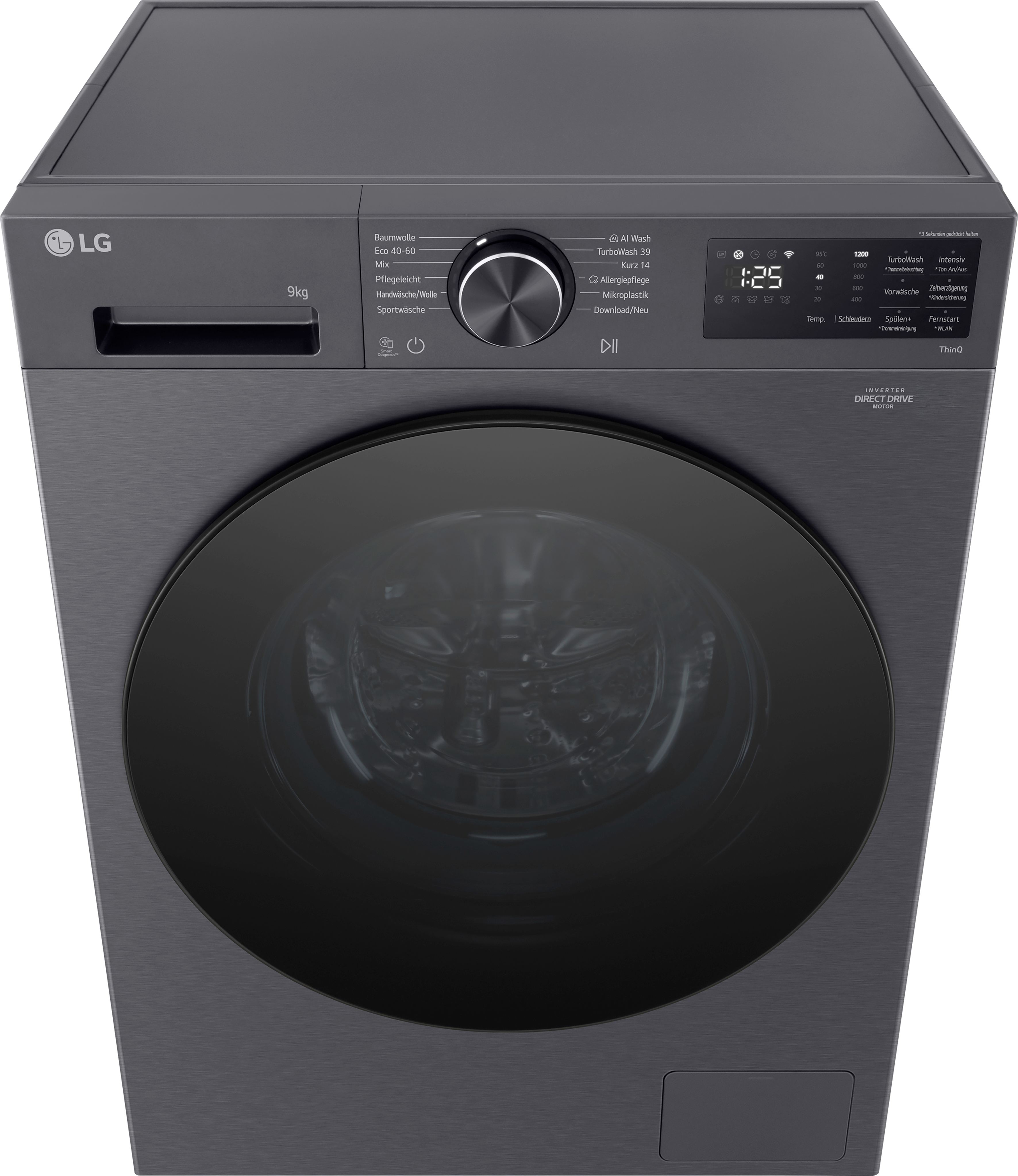 Graue LG Waschmaschine mit 9kg Kapazität, schwarzer Tür und digitalem Display.