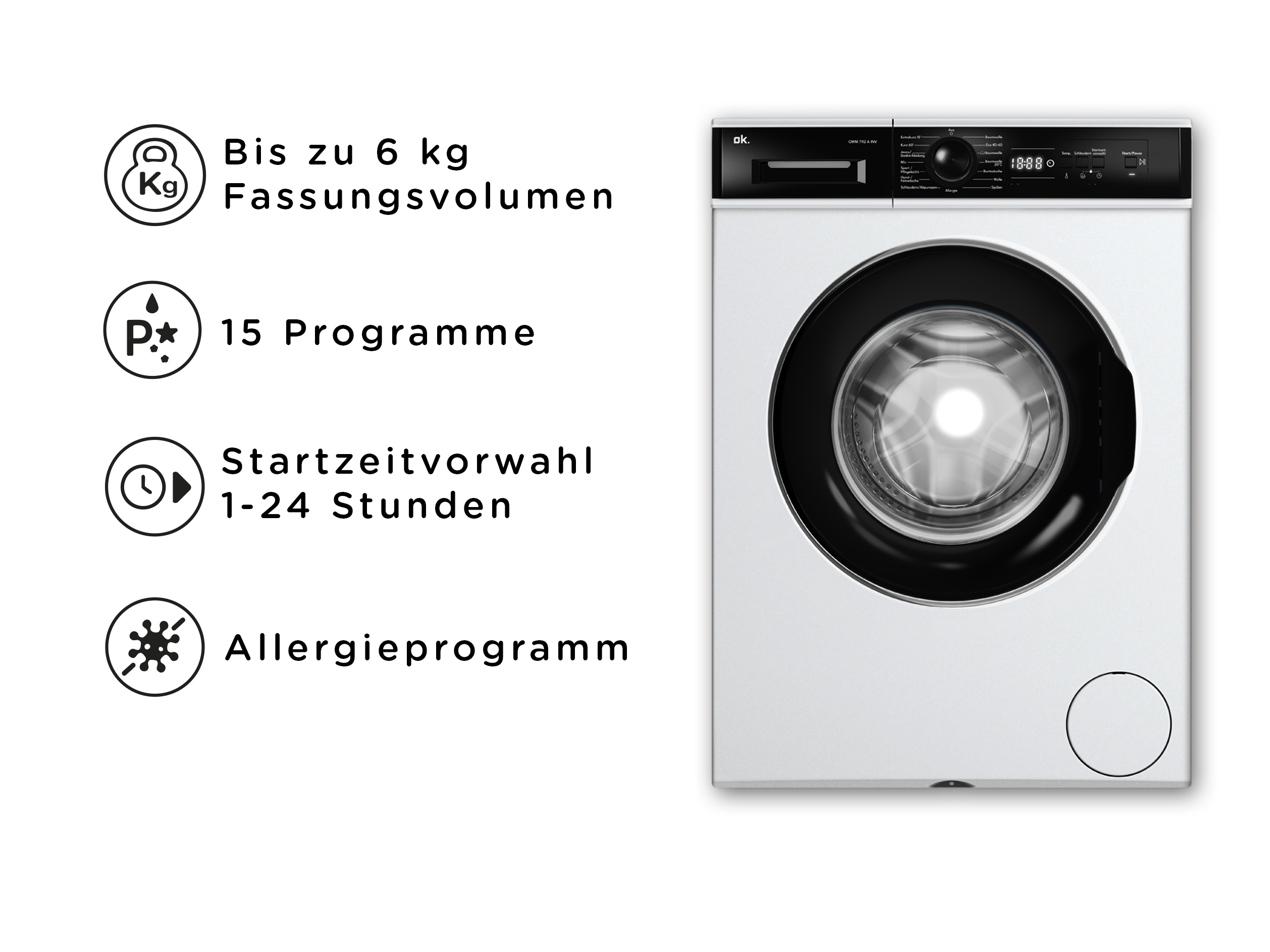 Eine weiße Waschmaschine mit schwarzer Tür und Bedienfeld. Links sind Icons für Kapazität, Programme, Startzeit und Allergie.