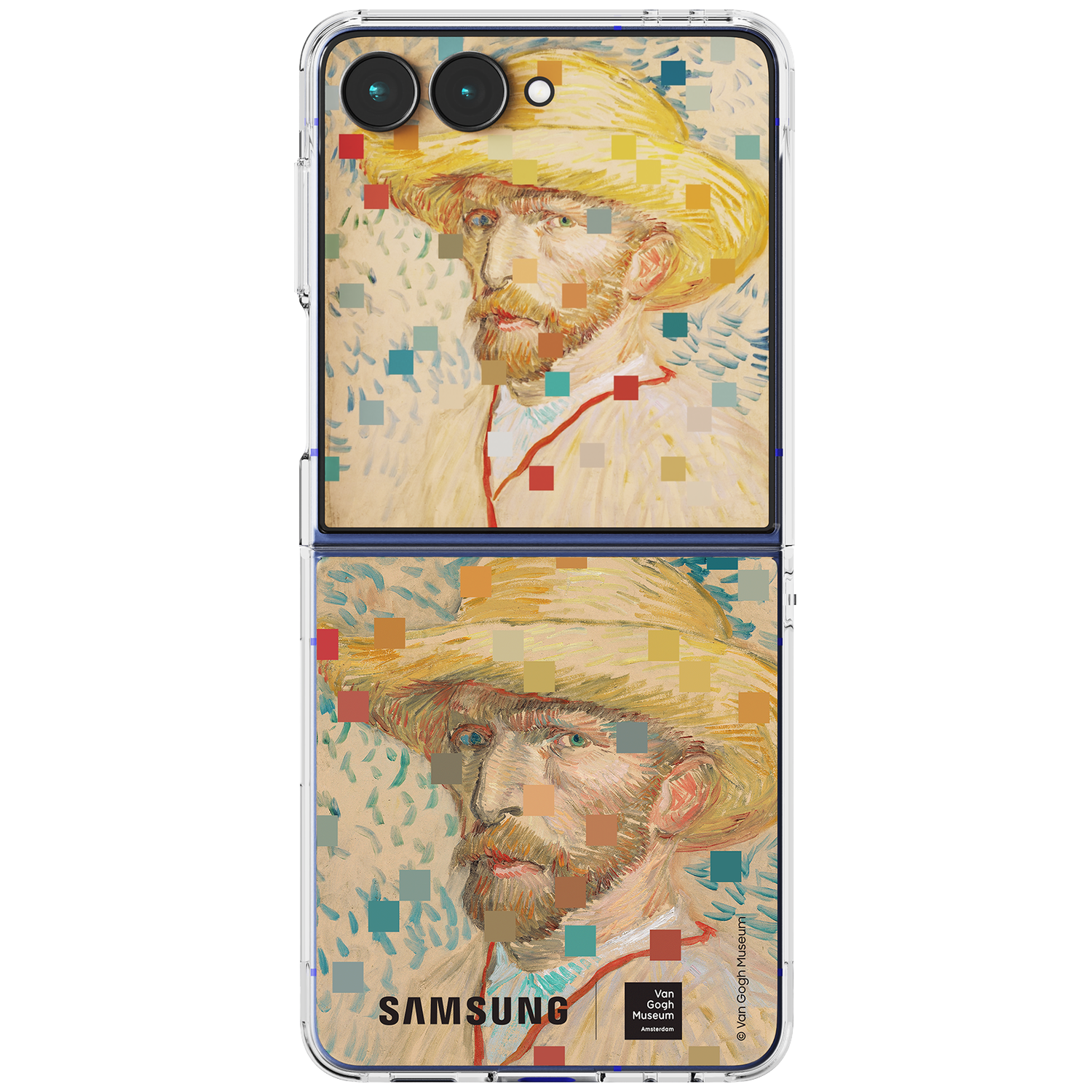 Van Gogh zelfportret op telefoonhoesje met Samsung logo.