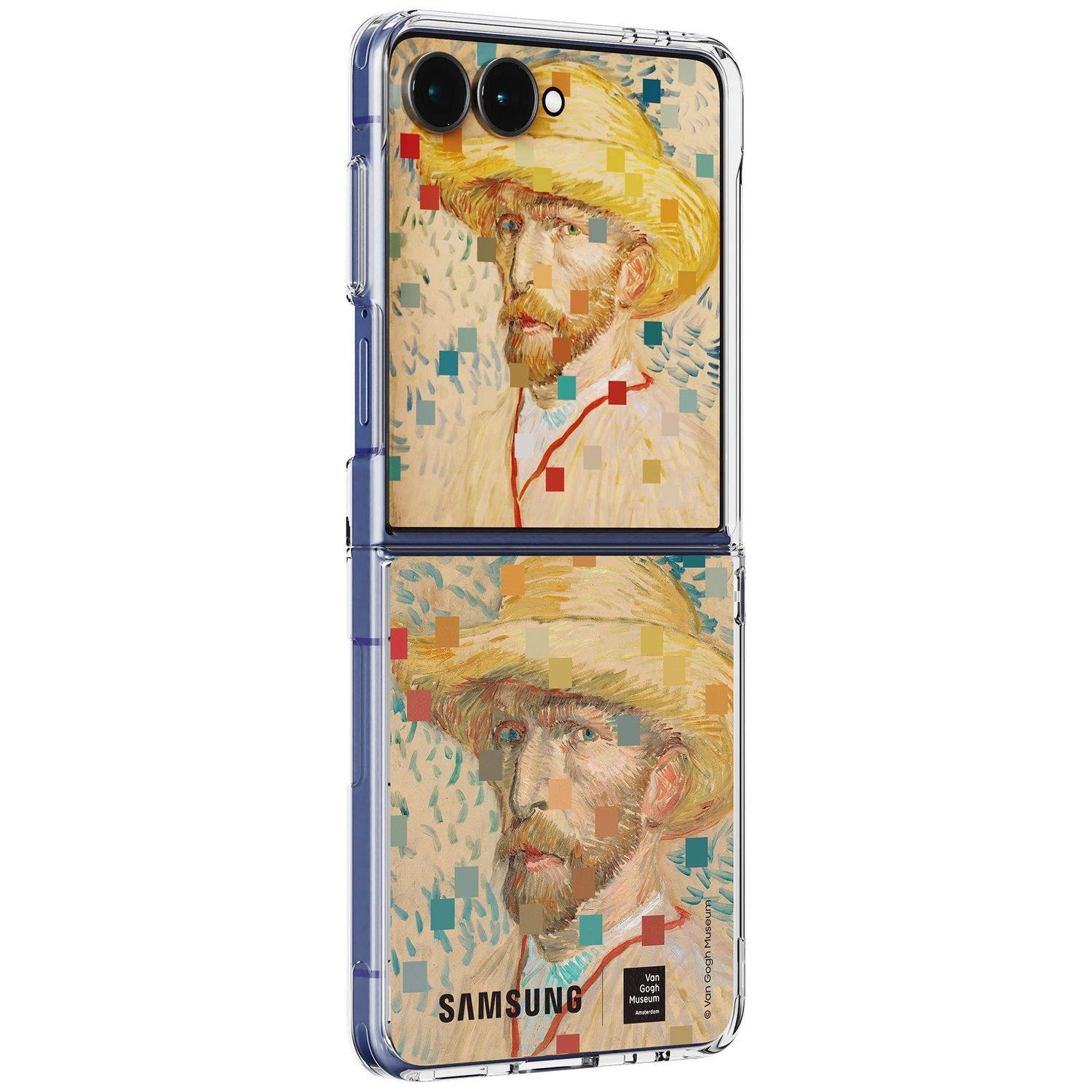 Een Samsung klaptelefoon met Van Gogh zelfportret en pixelachtig patroon.