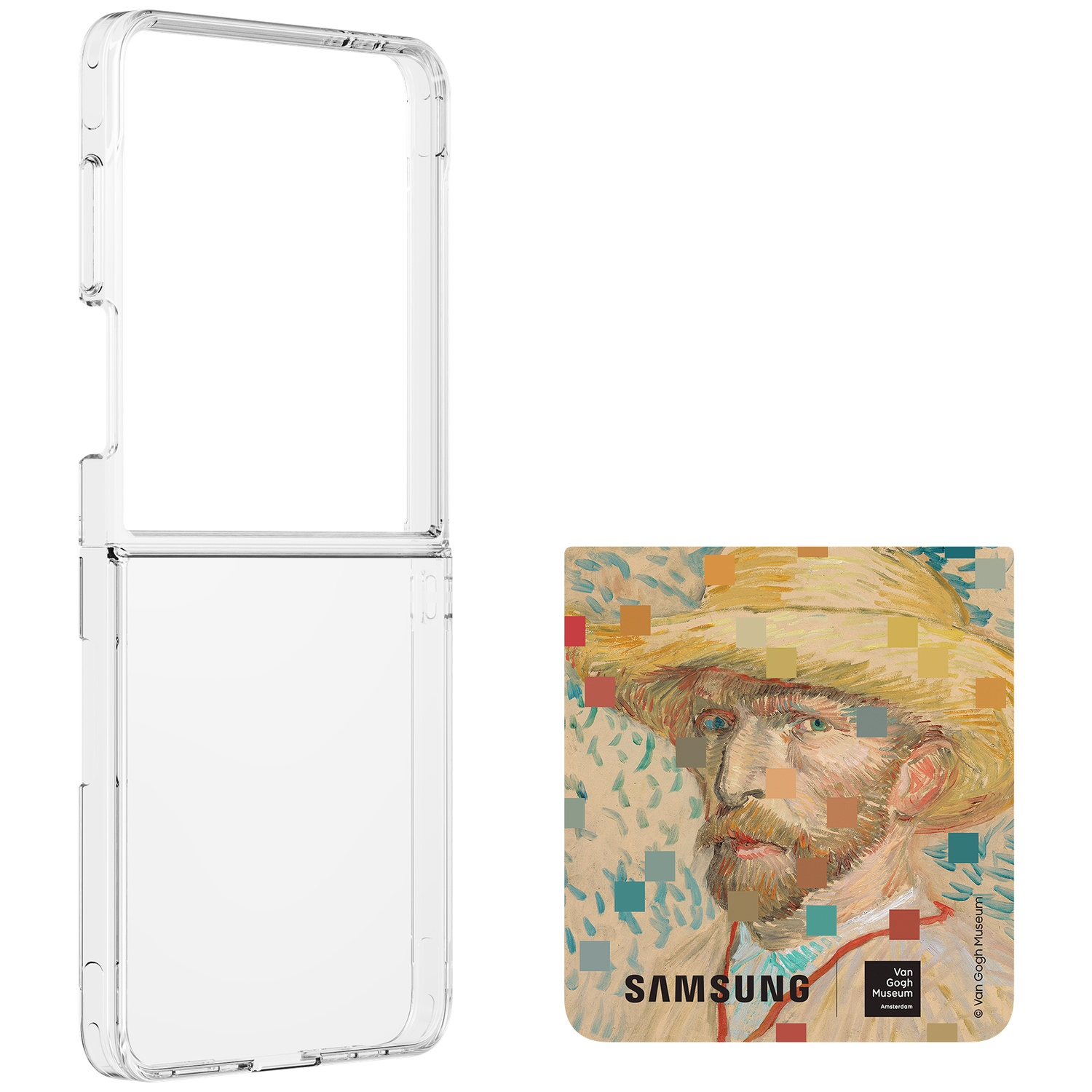 Transparante hoes naast een zelfportret van Van Gogh met Samsung logo.