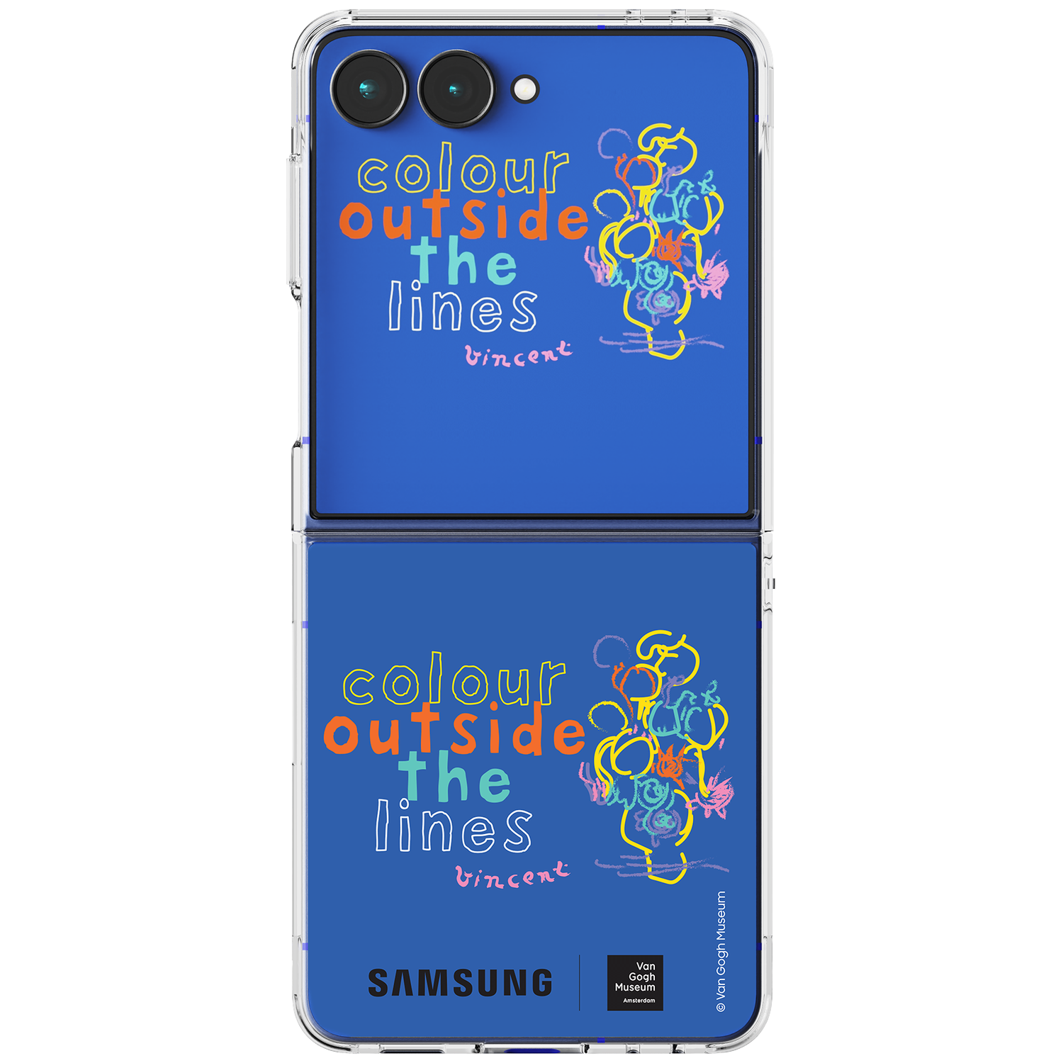 Coque de téléphone bleue avec le texte 'colour outside the lines Vincent' et un croquis coloré.