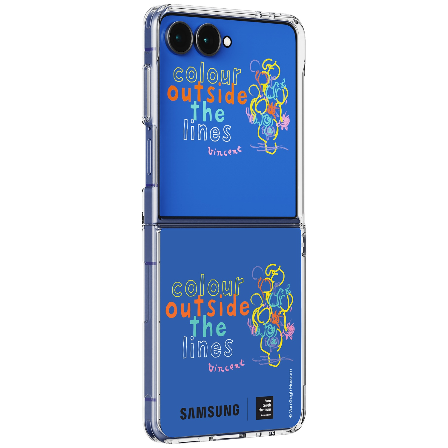 Un téléphone à clapet bleu avec l'art « colour outside the lines Vincent ».