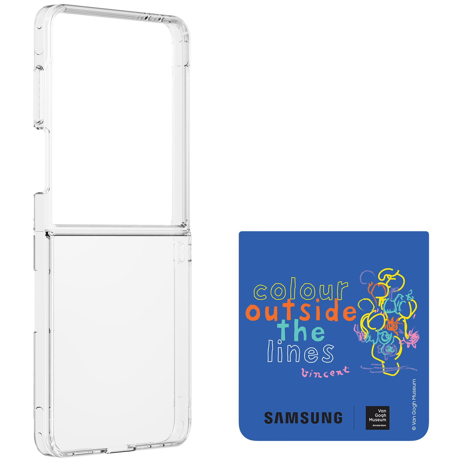 Coque de téléphone transparente à côté d'une carte bleue avec texte et œuvre.