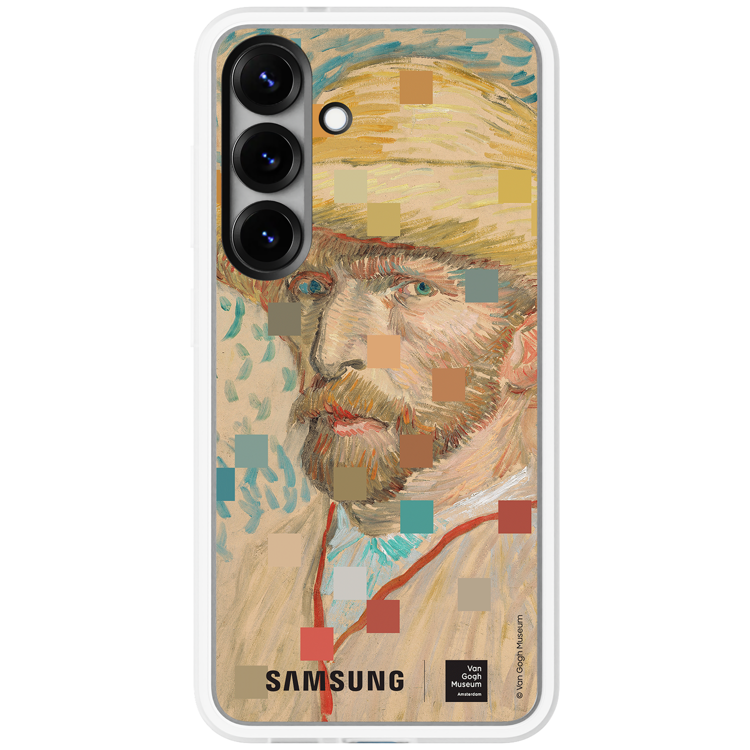 Van Gogh portret op telefoonhoesje, pixel effect, Samsung logo.