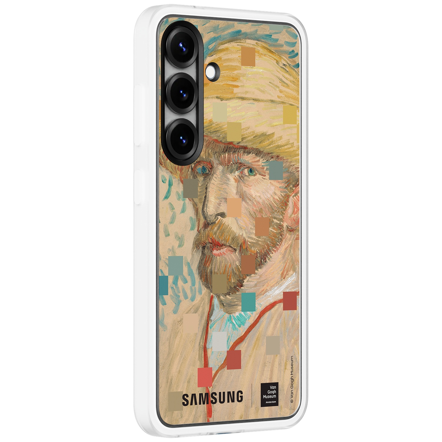 Van Gogh zelfportret op telefoonhoesje, Samsung logo.