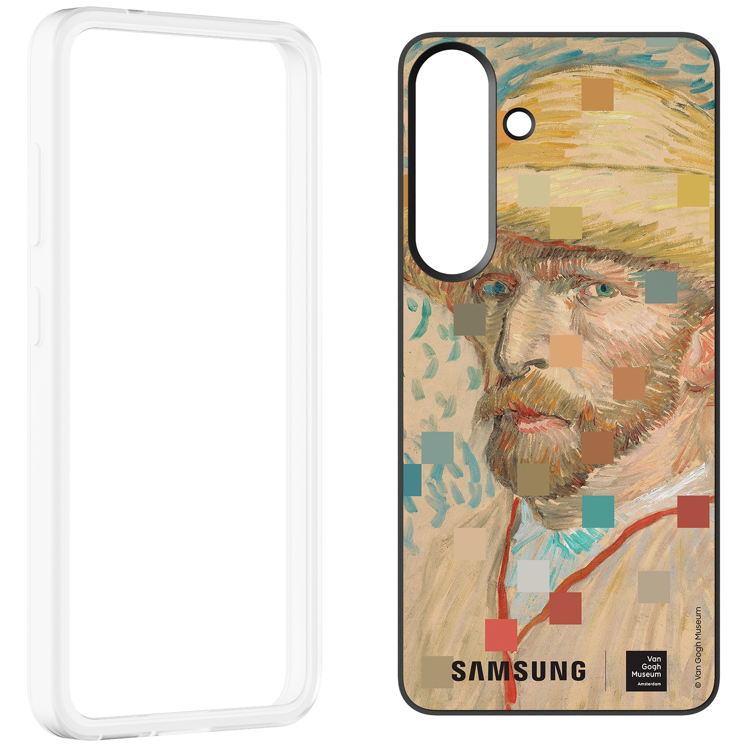 Een doorzichtige telefoonhoes naast een telefoon met een gepixelde Van Gogh-portret.