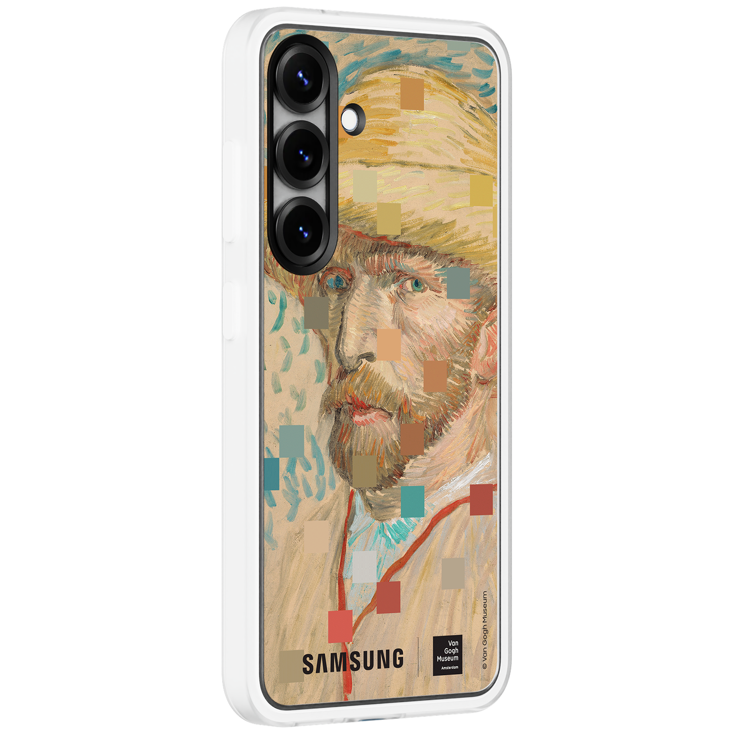 Samsung hoesje met Van Gogh portret, pixel effect, met cameramodule.