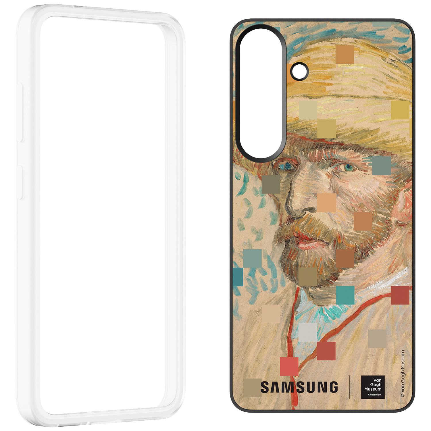 Een doorzichtige telefoonhoes naast een telefoonhoes met Van Goghs portret.