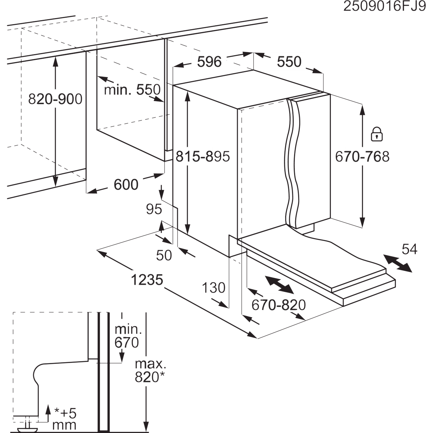 Technische tekening met afmetingen voor inbouwapparaten. Toont hoogtes, breedtes en dieptes.