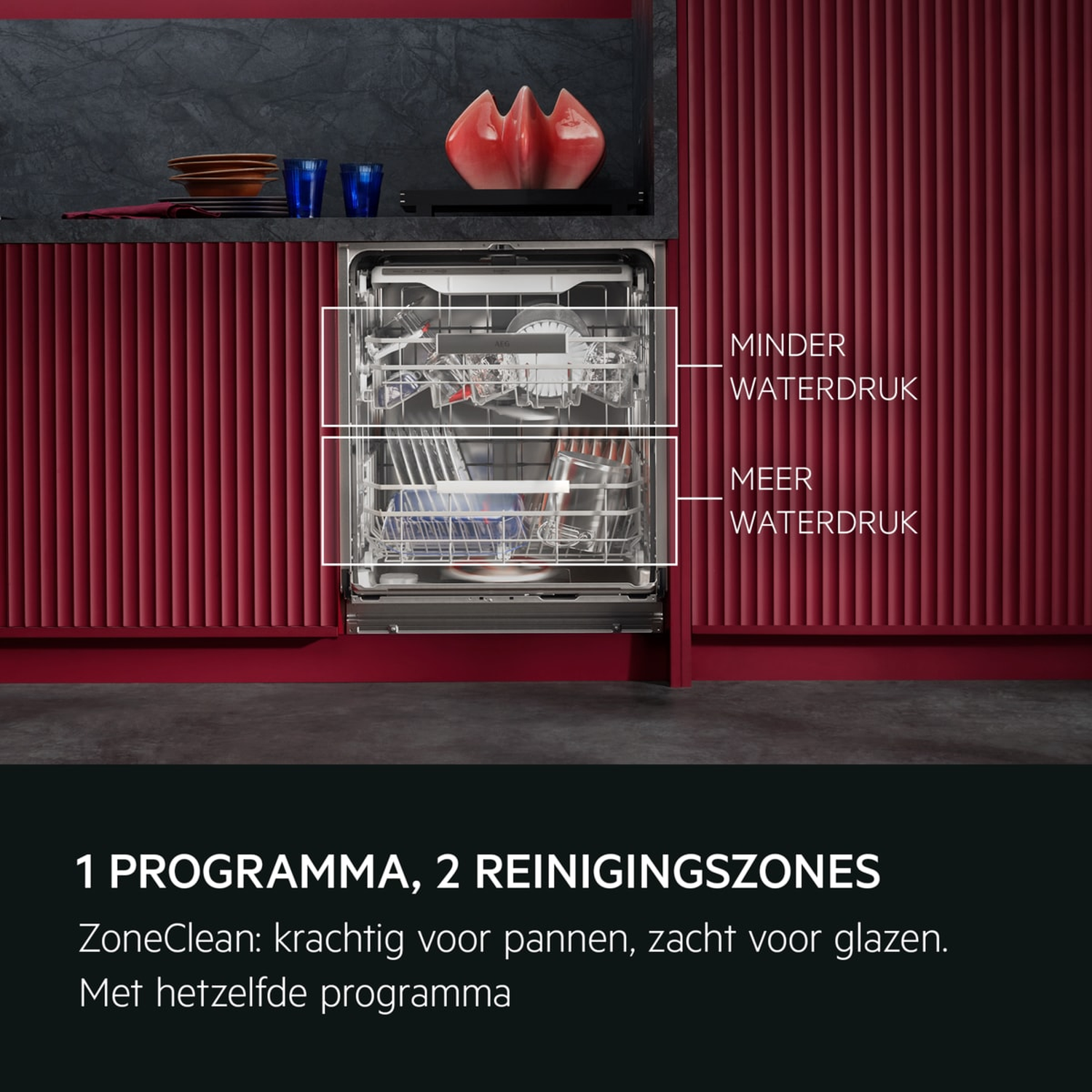 Vaatwasser met twee zones: minder waterdruk boven, meer waterdruk onder.