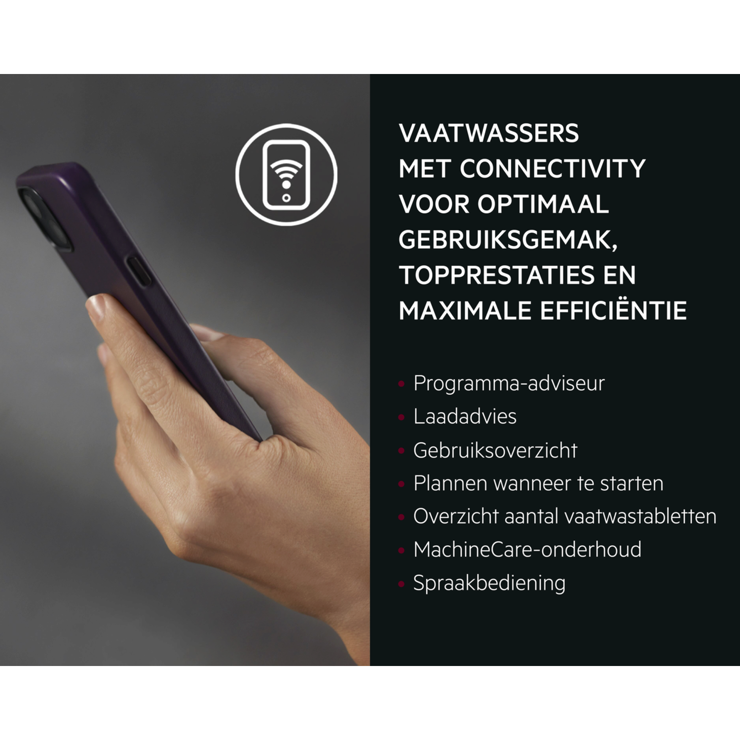 Hand houdt smartphone met Wi-Fi-symbool vast. Tekst over verbonden vaatwassers.
