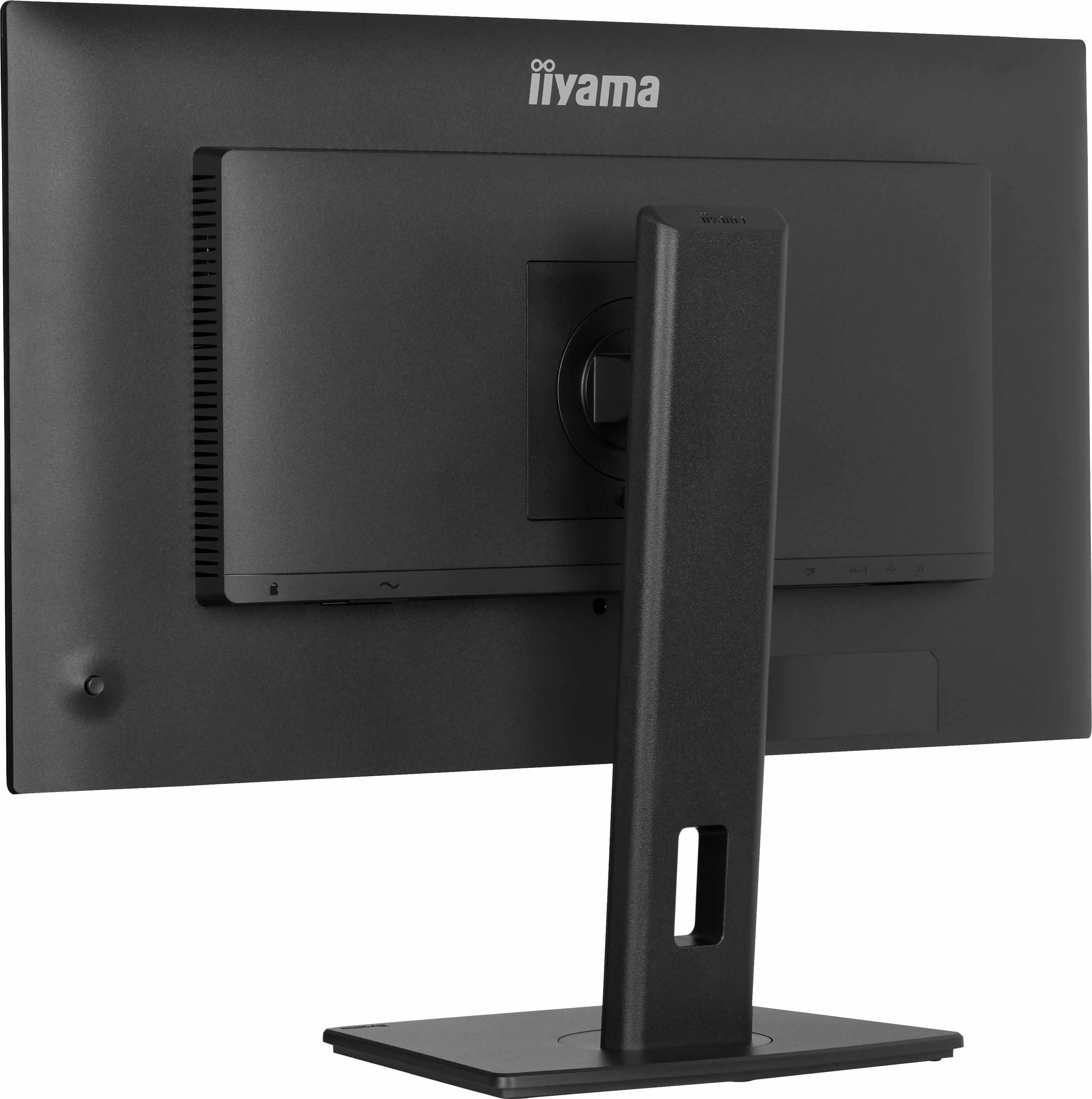 Rückseite eines schwarzen iiyama Monitors mit Ständer und Anschlüssen.