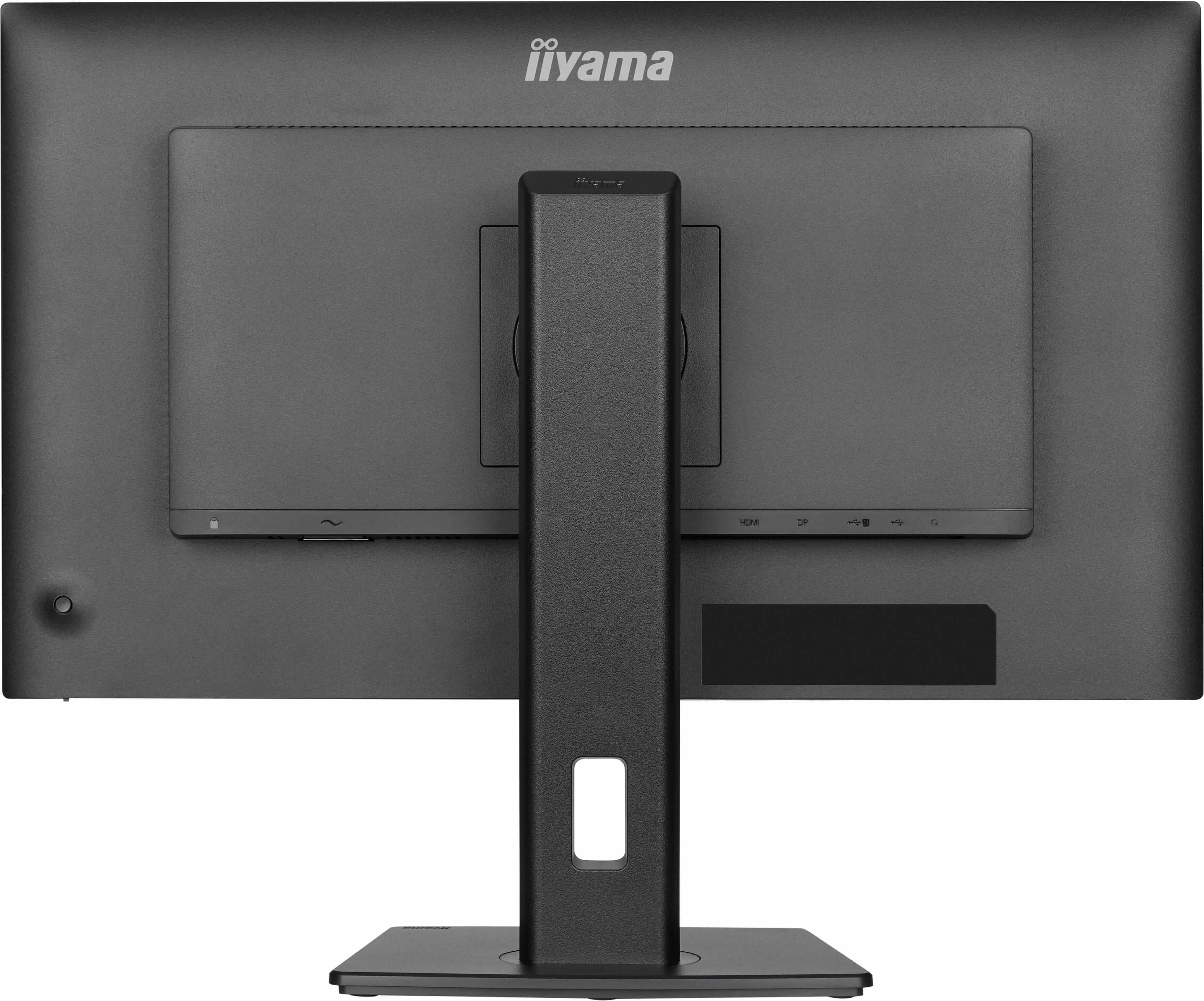 Rückseite eines schwarzen Iiyama Monitors mit Standfuß und Anschlüssen.