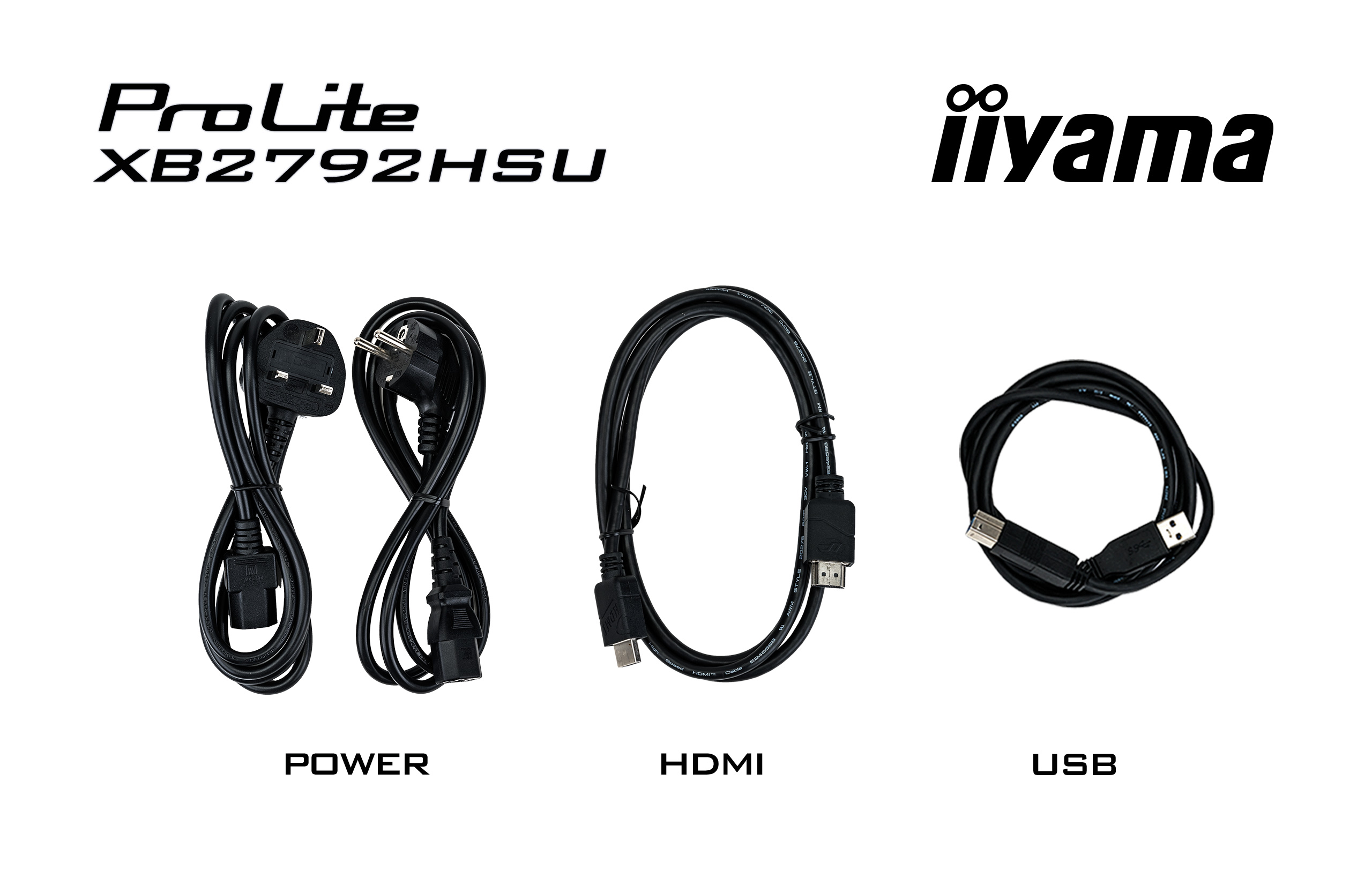 Drei schwarze Kabel: Strom, HDMI und USB, mit iiyama und ProLite XB2792HSU.