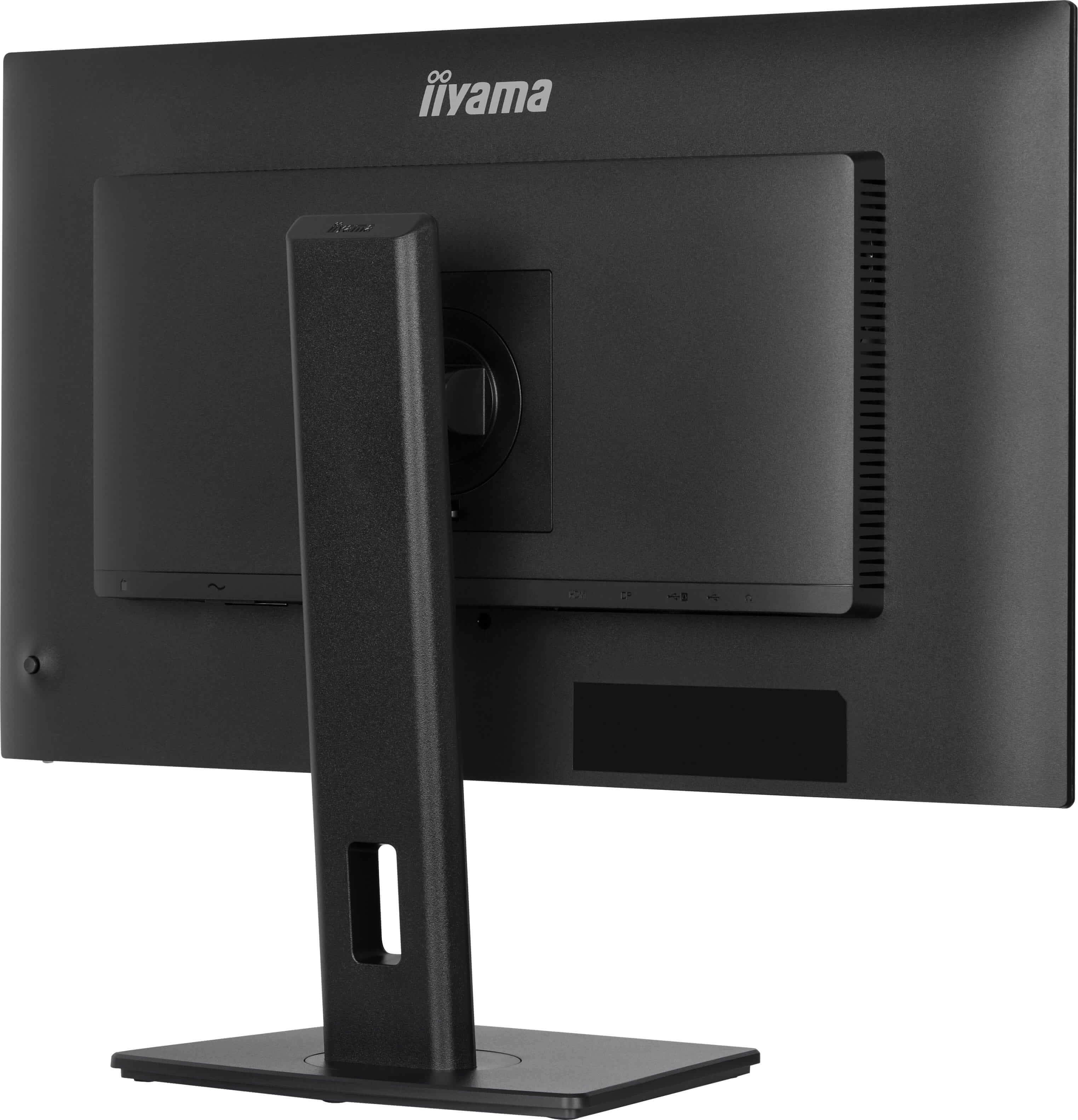 Rückseite eines schwarzen Monitors mit iiyama-Logo und Ständer.