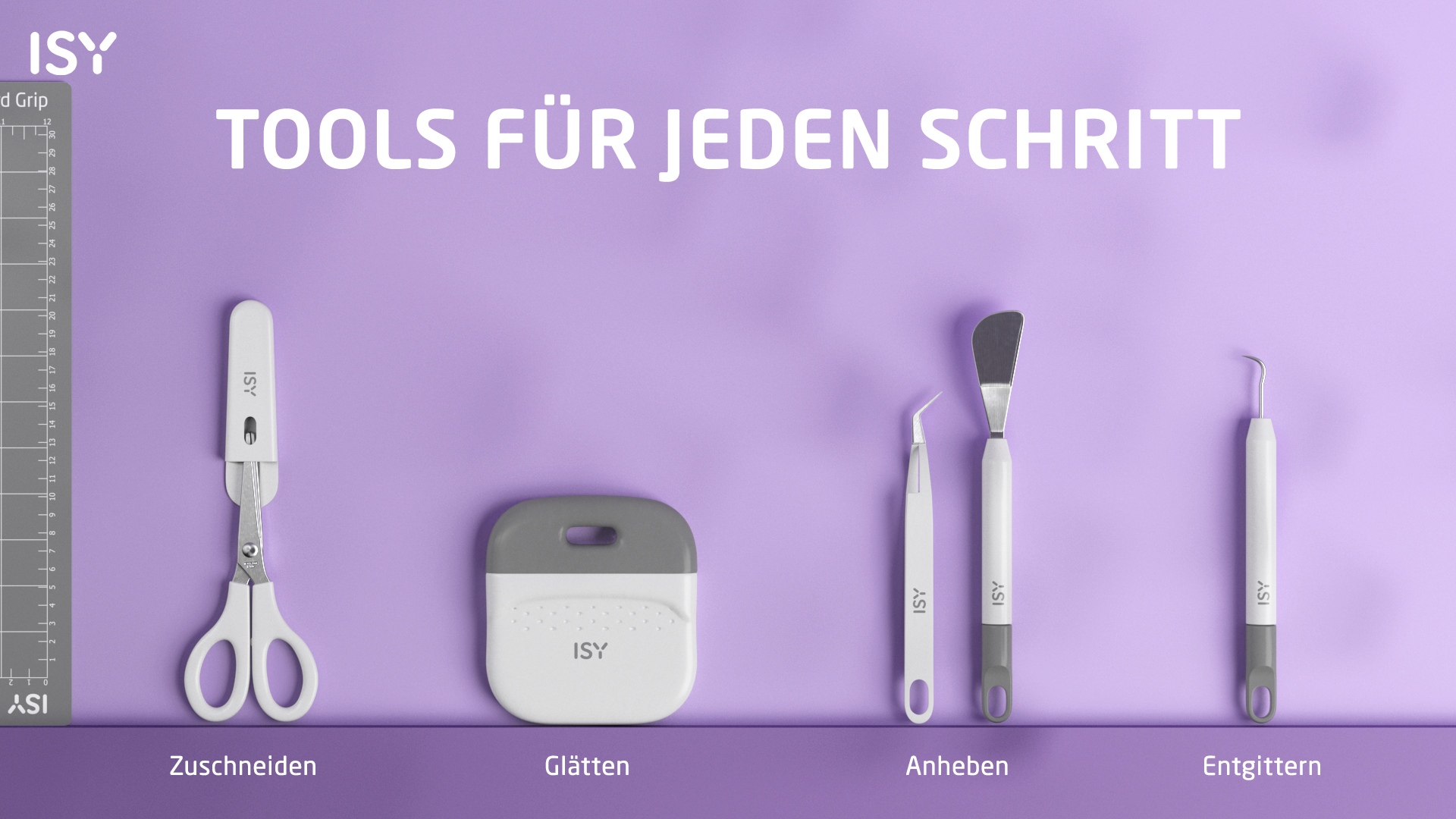 ISY-Werkzeuge: Schere, Glätter, Pinzette, Spatel, Haken. Auf lila Grund.