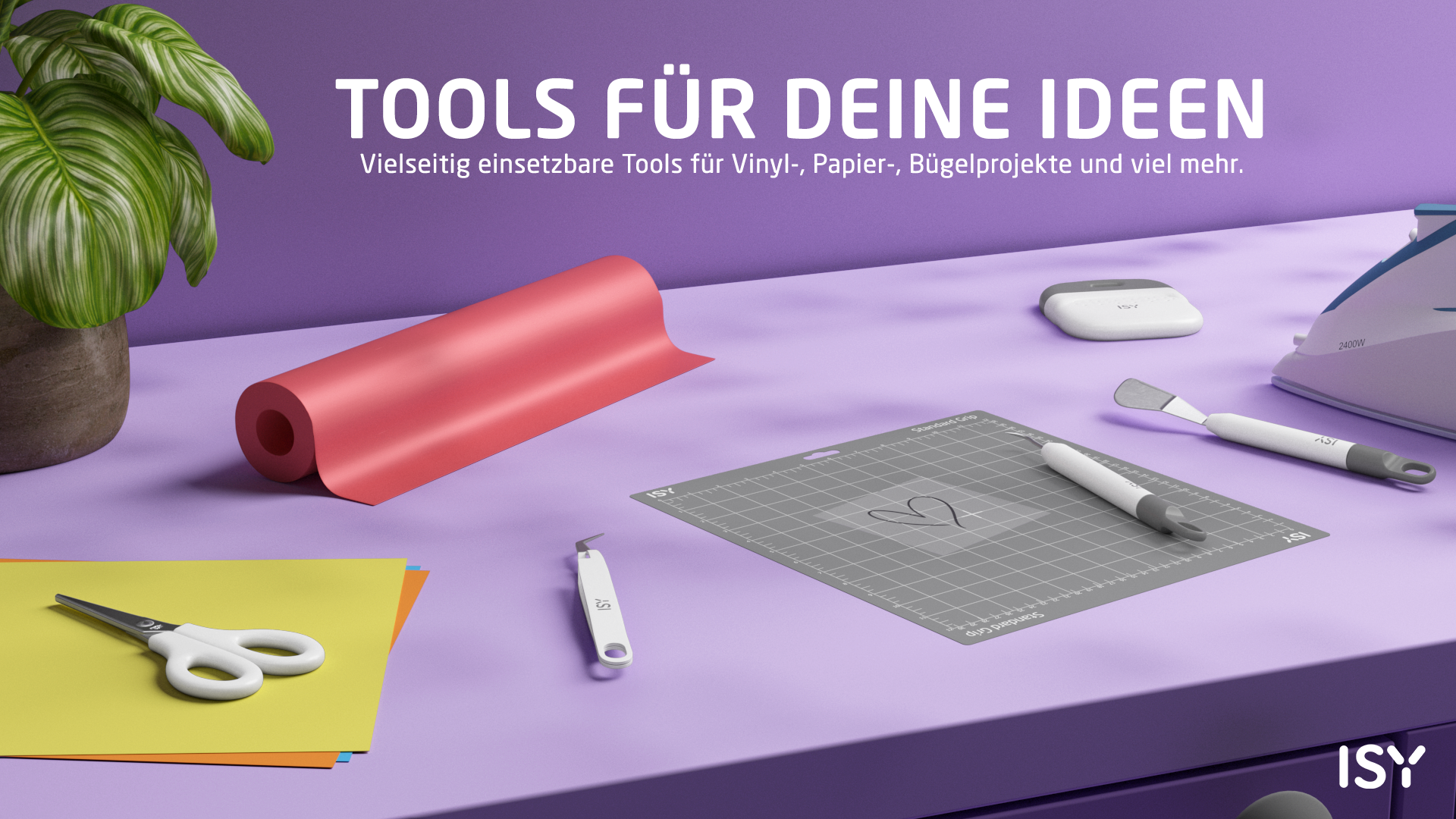 Bastelwerkzeuge: Schere, Rolle, Bügeleisen, Schneidematte, Spatel.