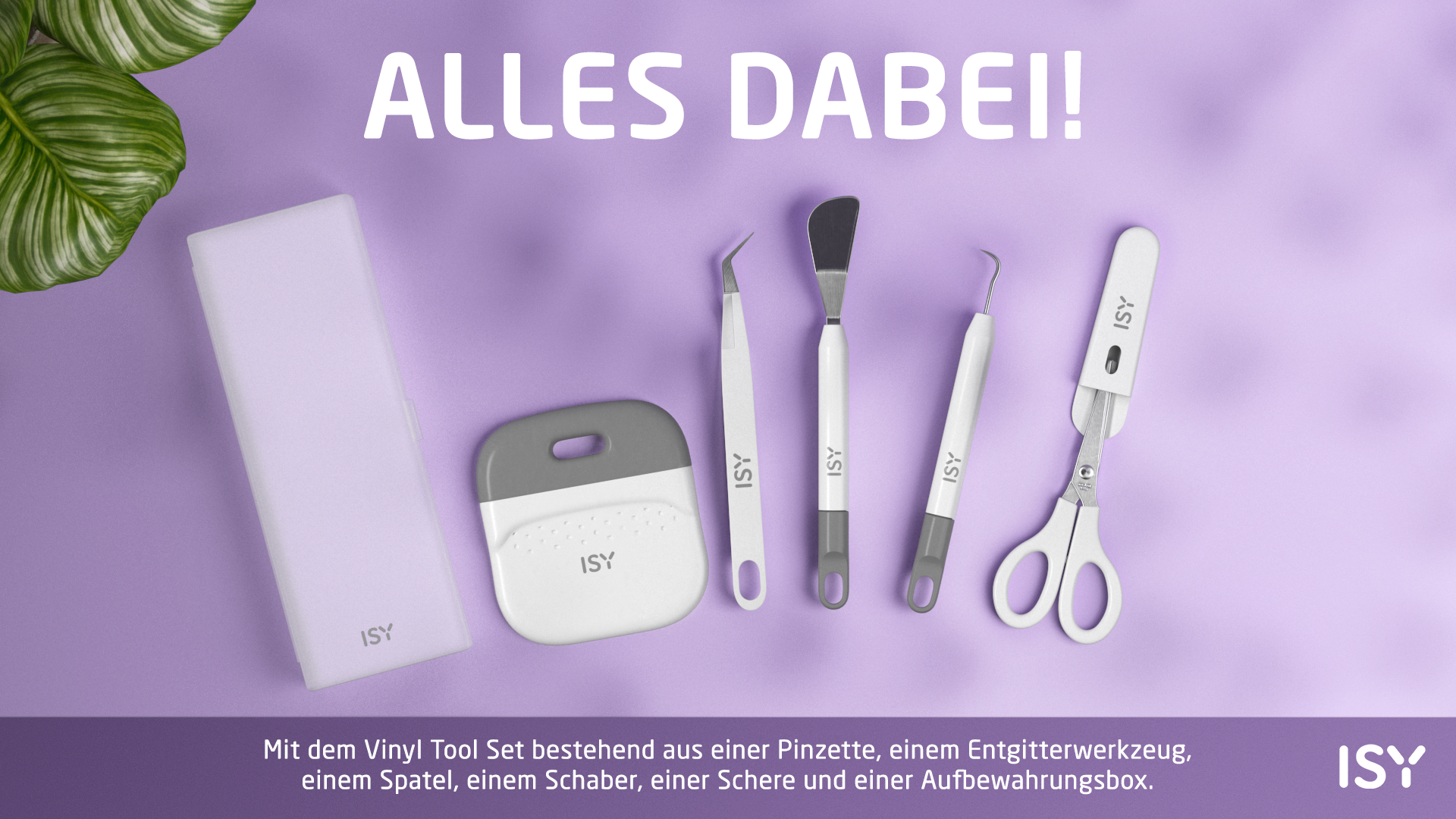 Vinyl-Werkzeugset mit Pinzette, Schaber, Spatel, Schere und Aufbewahrungsbox.