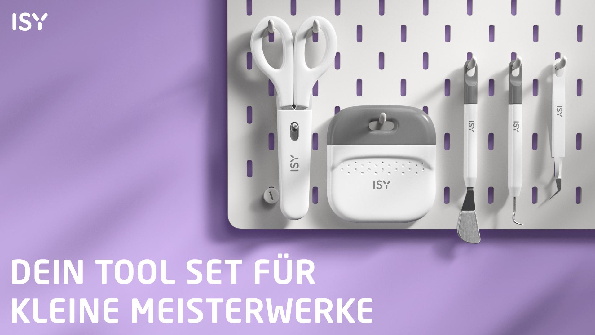 ISY Werkzeugset: Schere, Rakel, Spachtel, Pinzette auf weißem Pegboard.