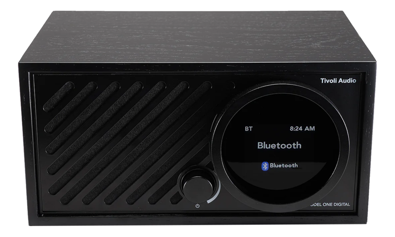 Schwarzer Tivoli Audio Lautsprecher mit digitalem Display und Drehregler.