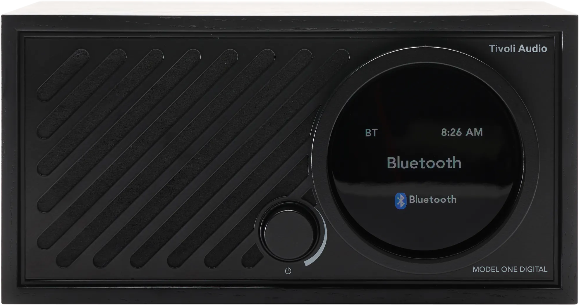 Schwarzes Tivoli Audio Model One Digital Radio mit einem runden Bildschirm, der Bluetooth anzeigt.