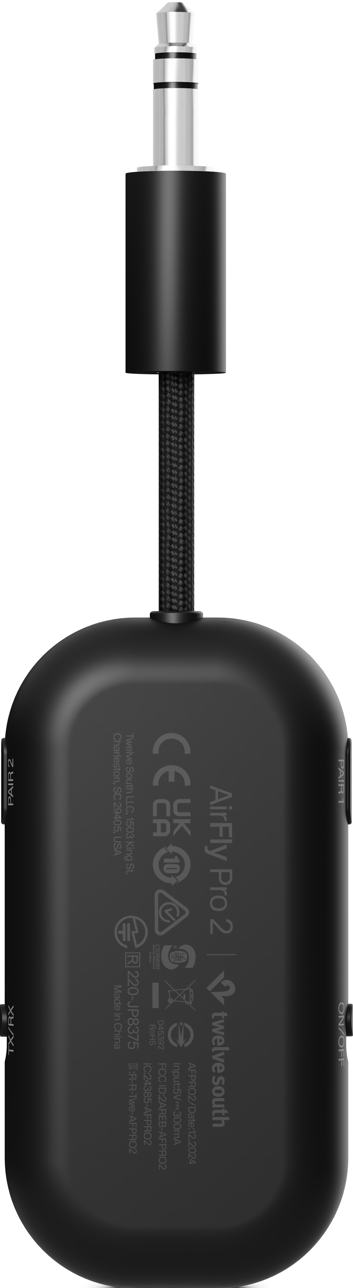 Appareil AirFly Pro 2 noir avec prise jack, câble et marquages.