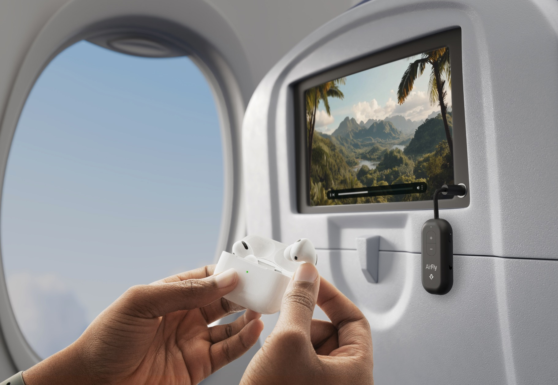 Mains tenant des écouteurs blancs devant un écran d'avion montrant un paysage tropical.
