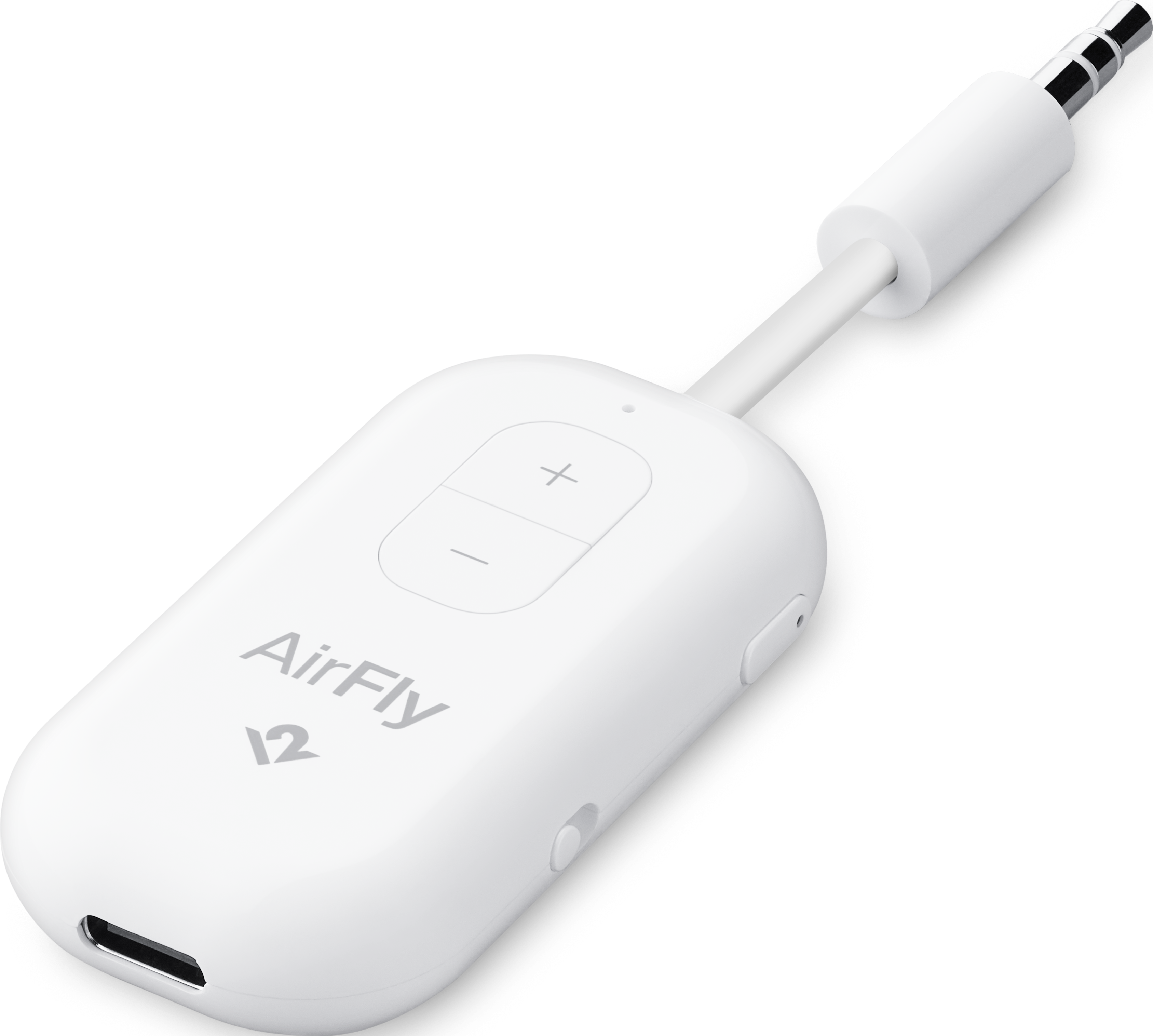 Un émetteur Bluetooth AirFly 12 blanc avec prise casque et port USB-C.
