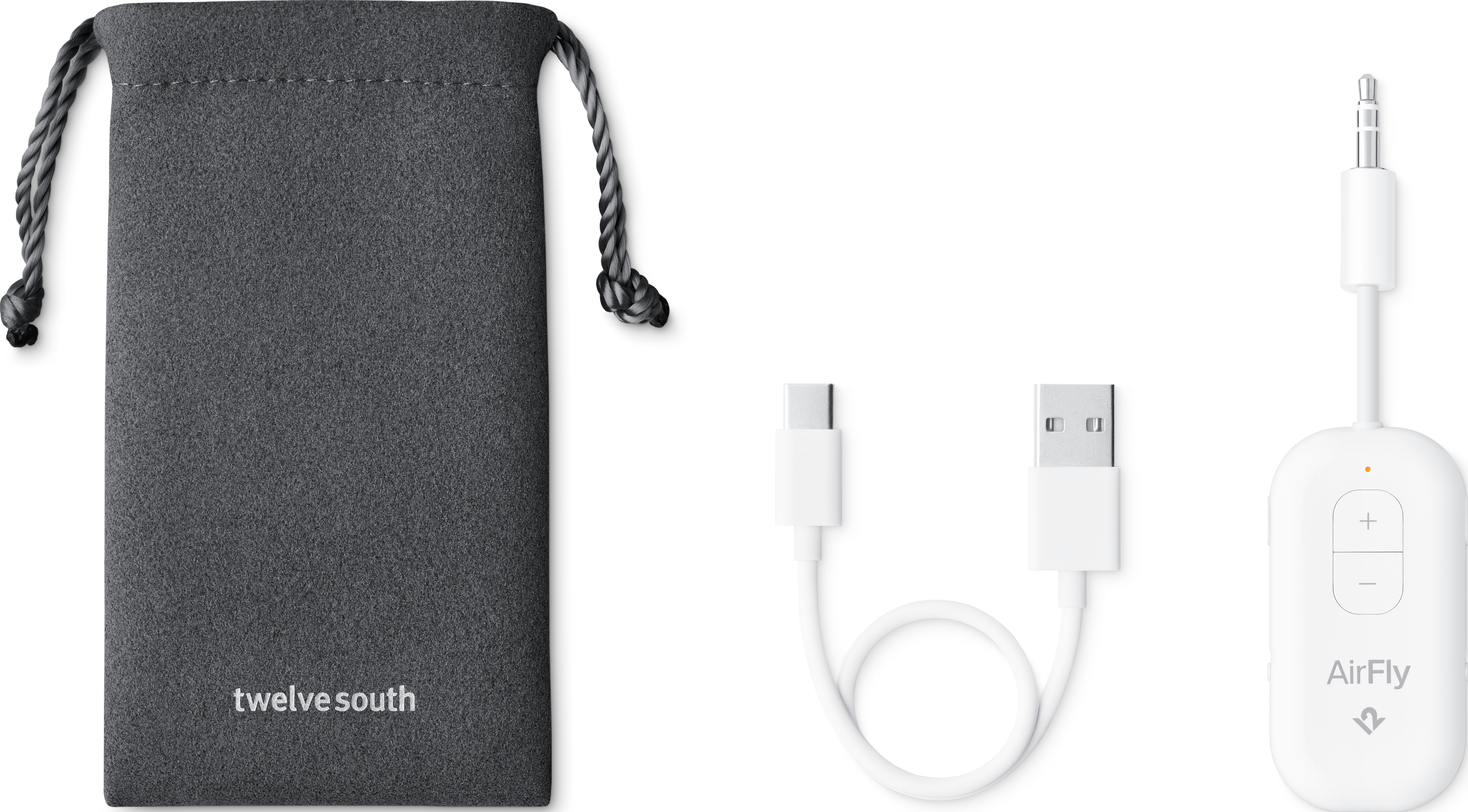 Pochette grise à cordon, câble USB-C vers USB-A et adaptateur AirFly blanc.