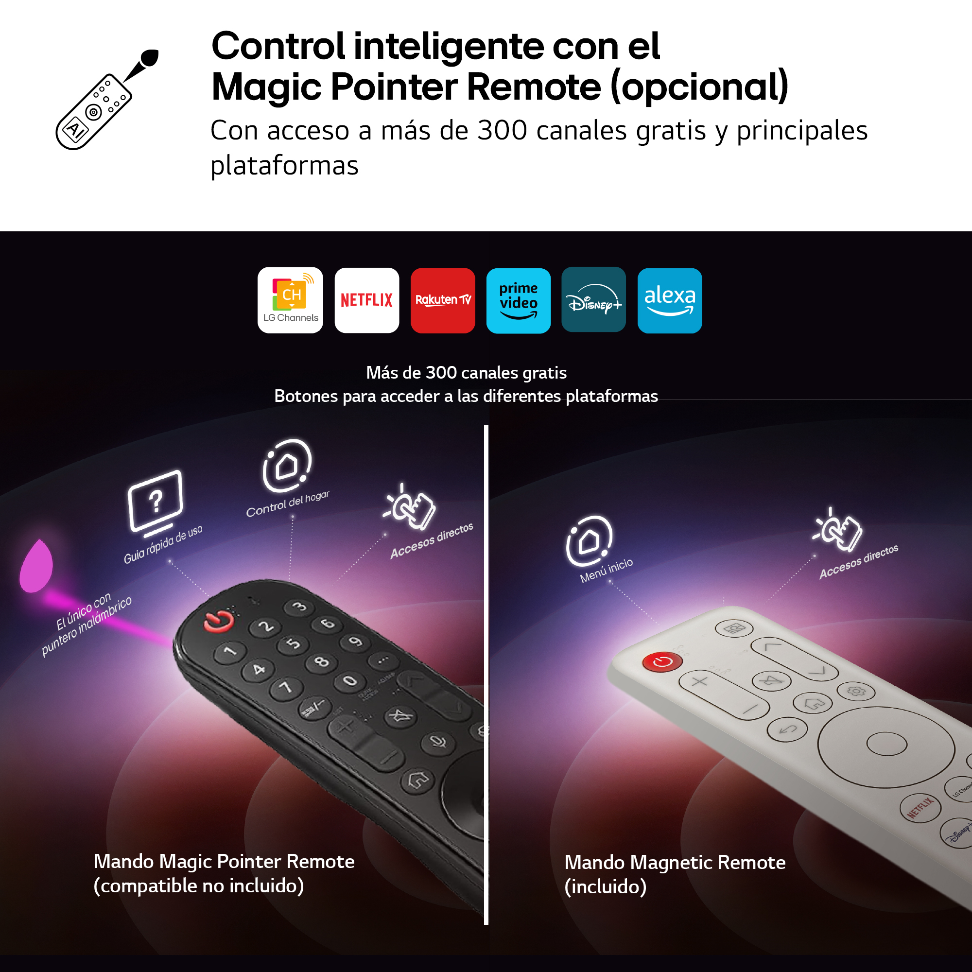 Control inteligente con el Magic Pointer Remote (opcional). Con acceso a más de 300 canales gratis y principales plataformas