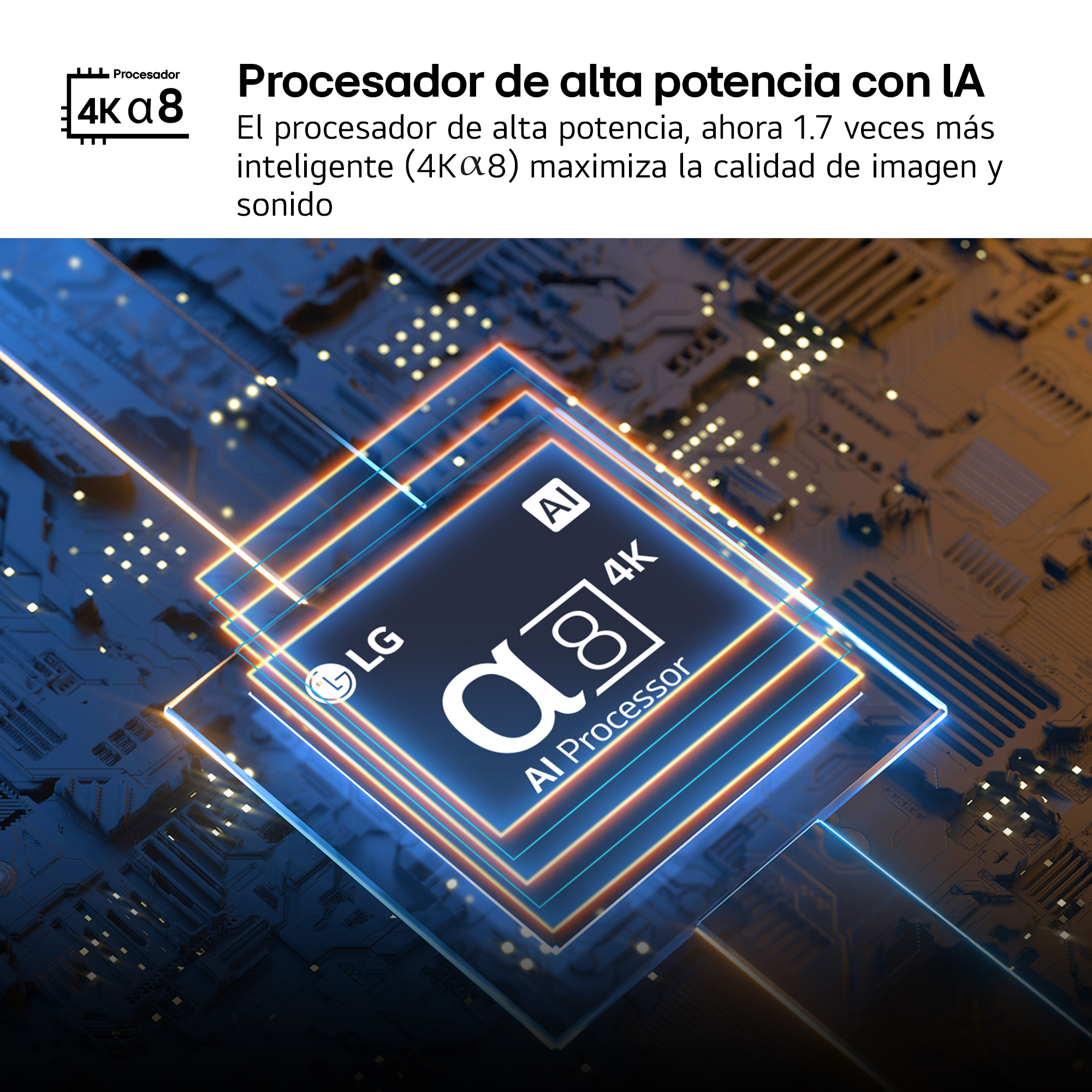 Procesador de alta potencia con IA. El procesador de alta potencia, ahora 1.7 veces más inteligente (4Kα8) maximiza la calidad de imagen y sonido