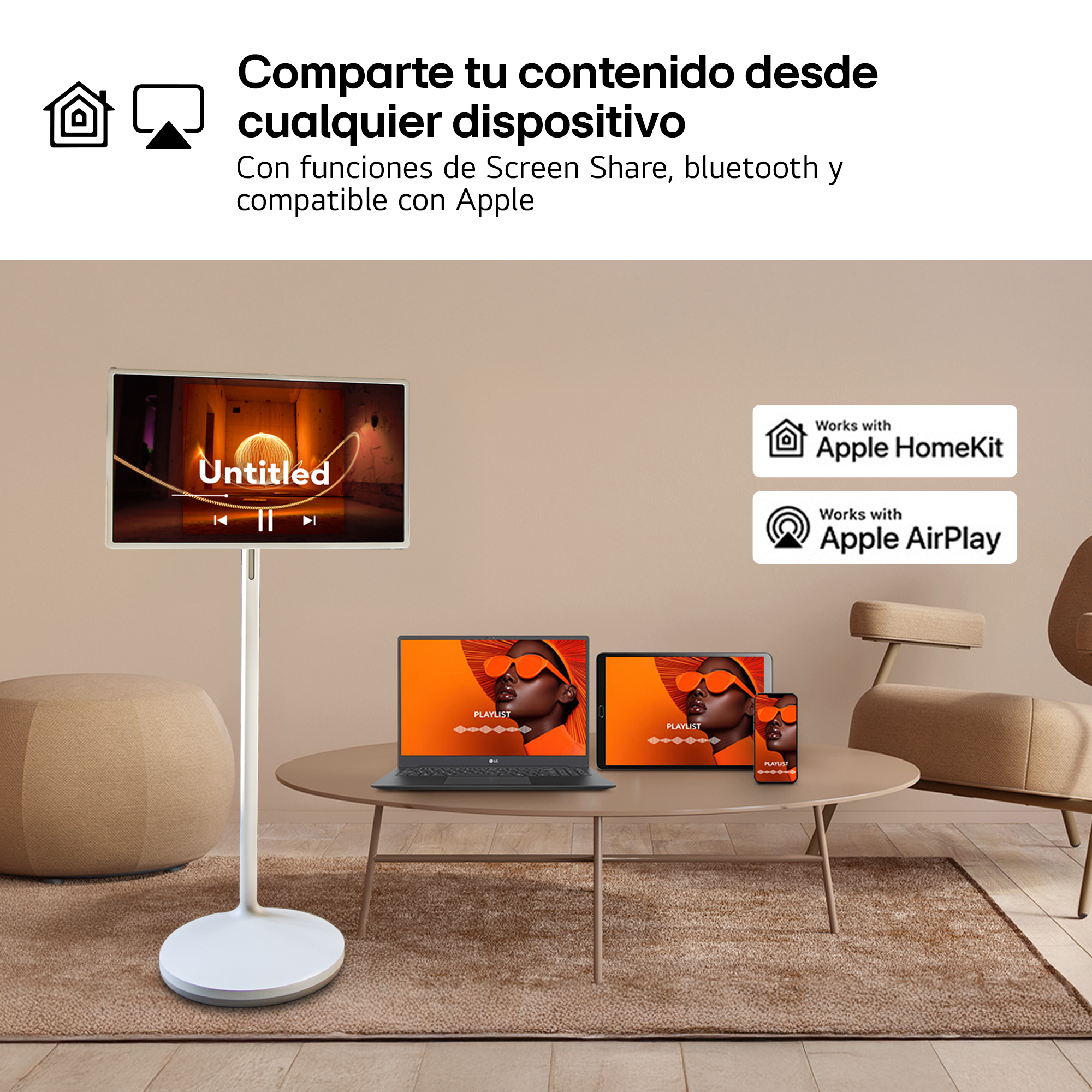 Comparte tu contenido desde cualquier dispositivo. Con funciones de Screen Share, bluetooth y compatible con Apple