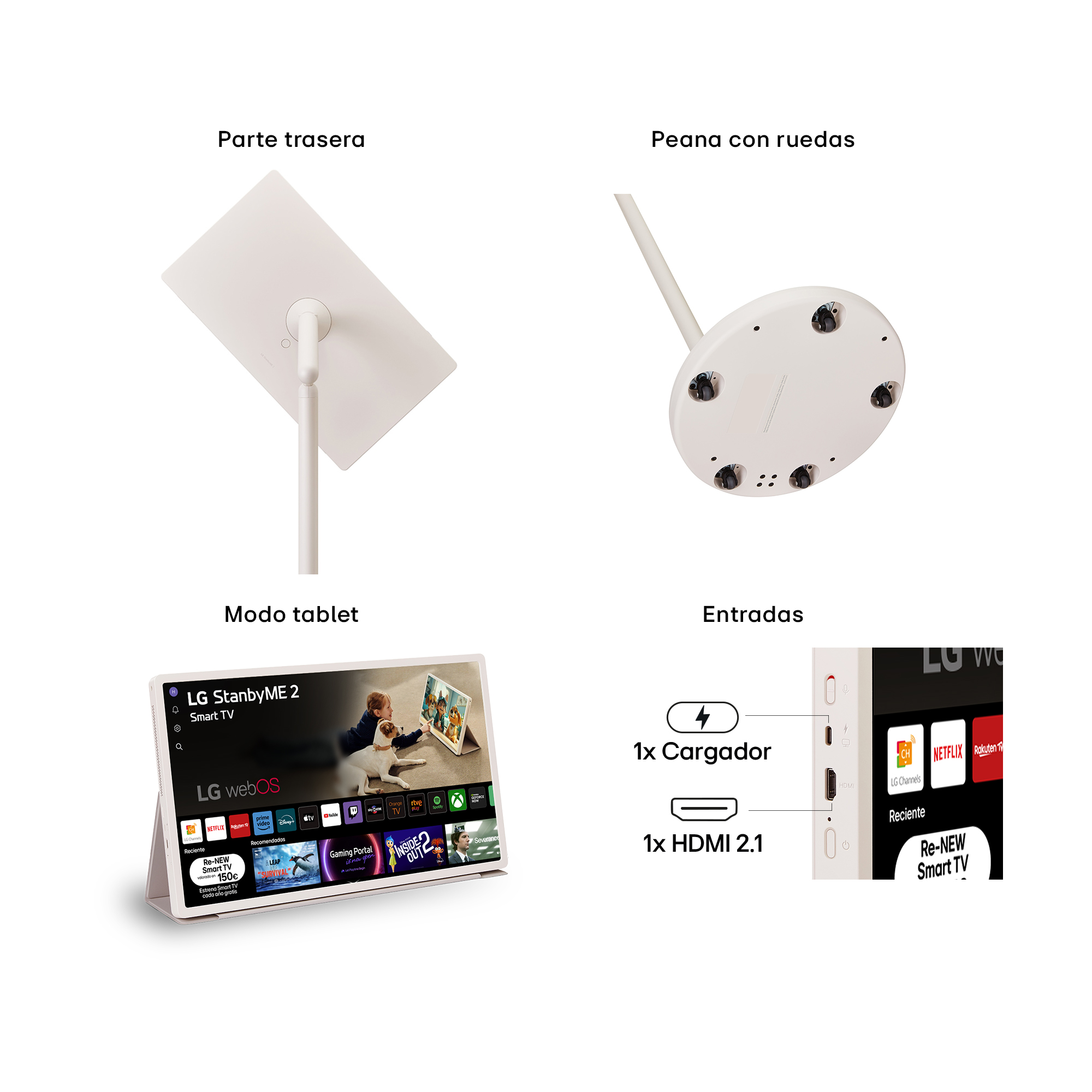 LG StanbyME 2 Smart TV en modo tablet mostrando puertos y accesorios.