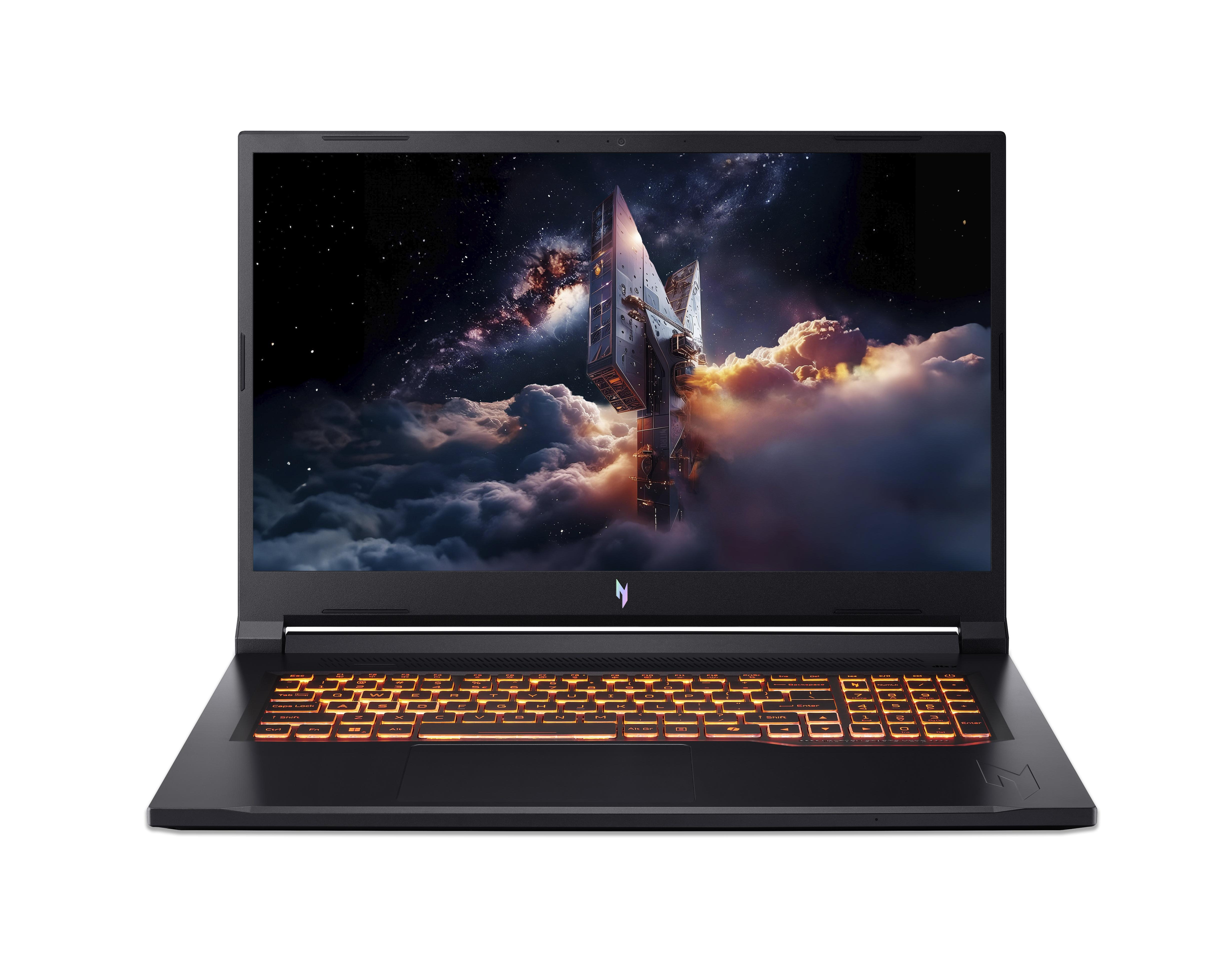 Schwarzer Laptop mit leuchtender Tastatur und Weltraum-Hintergrundbild.