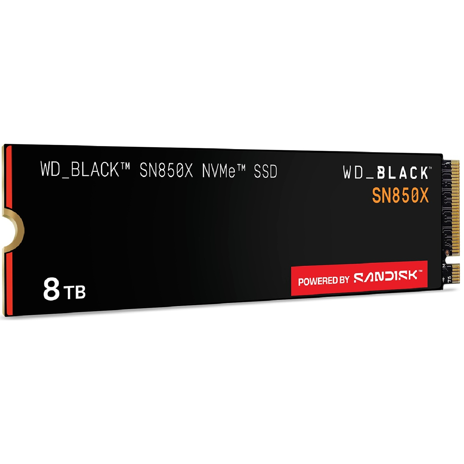SSD NVMe WD_BLACK SN850X noire 8To avec connecteur doré et logo SanDisk rouge.
