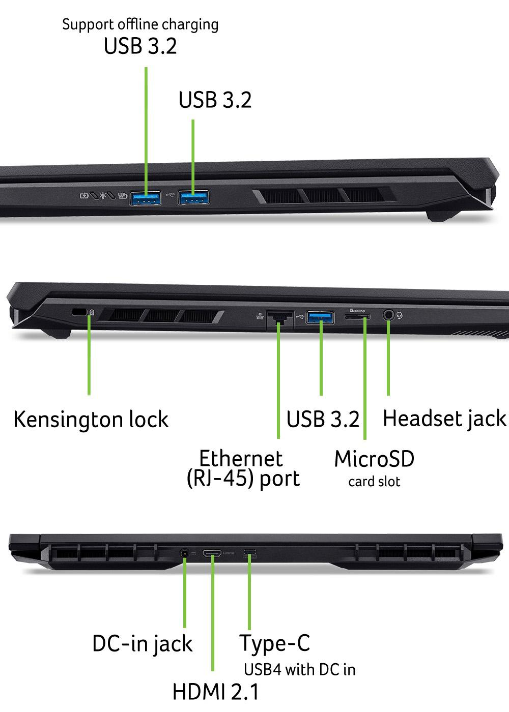 Laptop-Anschlüsse: USB 3.2, Kensington-Sperre, Ethernet, MicroSD, HDMI 2.1, USB Typ-C.