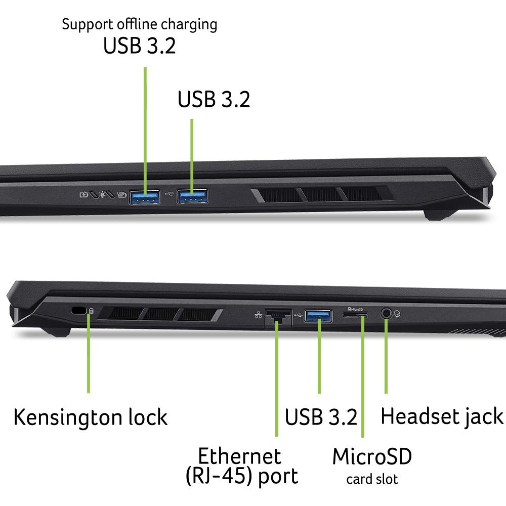 Laptop-Anschlüsse: USB 3.2, Kensington-Lock, Ethernet, MicroSD, Headset-Buchse.