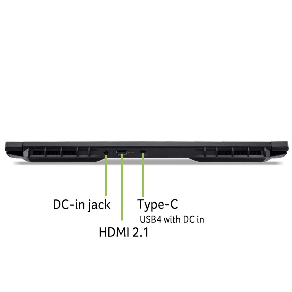Die Seite eines schwarzen Laptops mit Anschlüssen: DC-in, HDMI 2.1, USB4 Type-C.