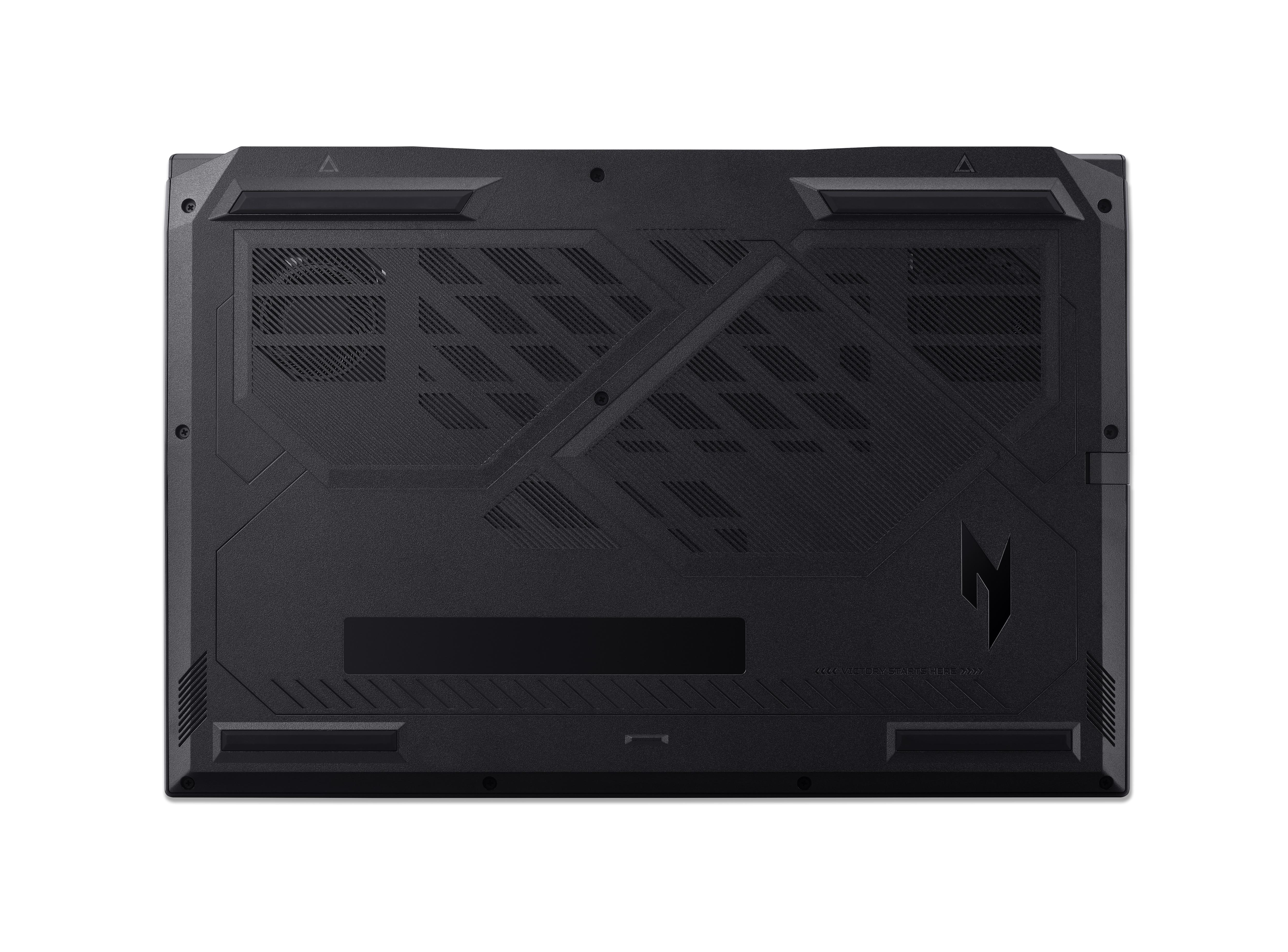 Unterseite eines schwarzen Laptops mit Lüftungsschlitzen und einem Logo.