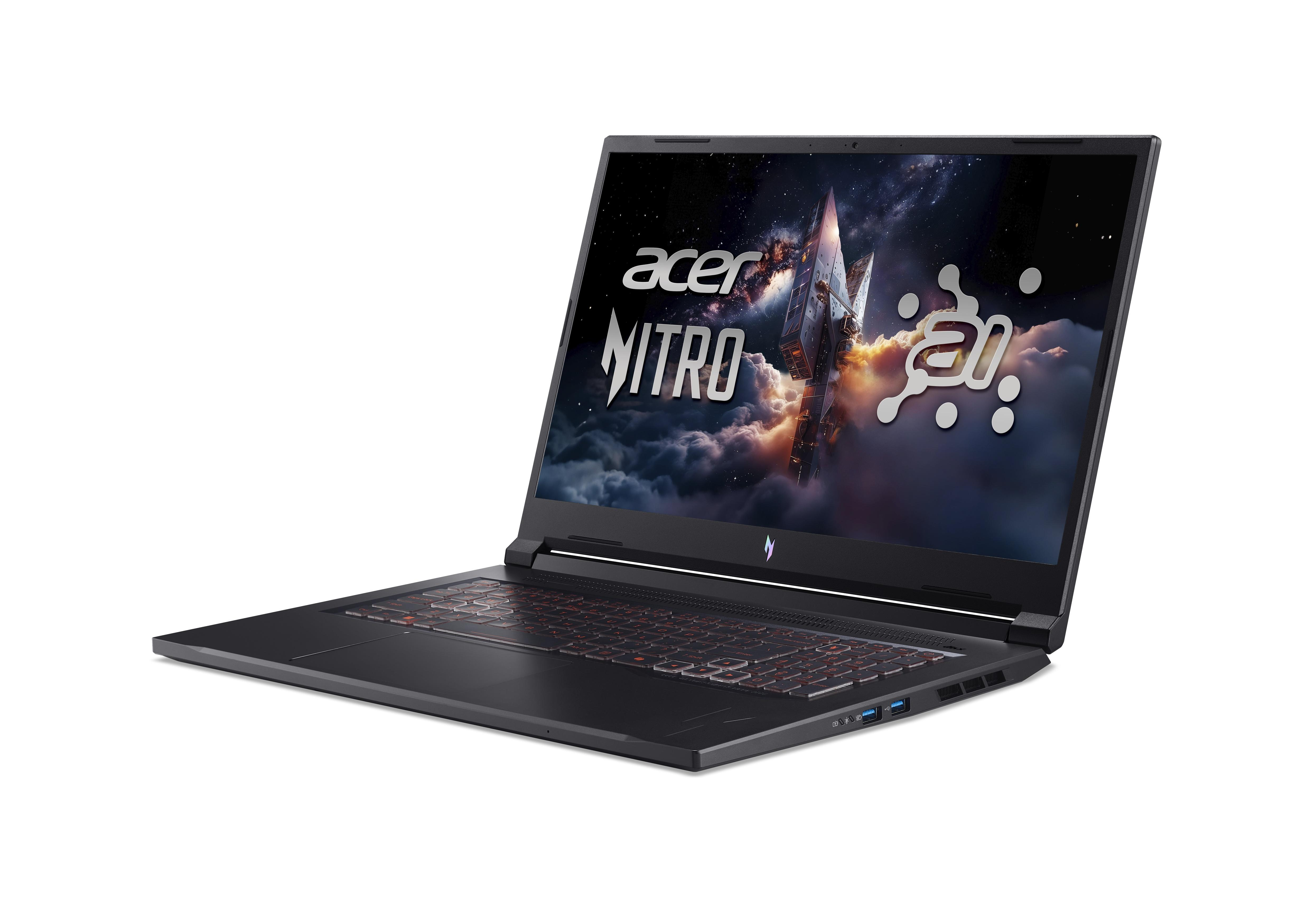 Schwarzer Acer Nitro Laptop mit beleuchteter Tastatur und Weltraumhintergrund.