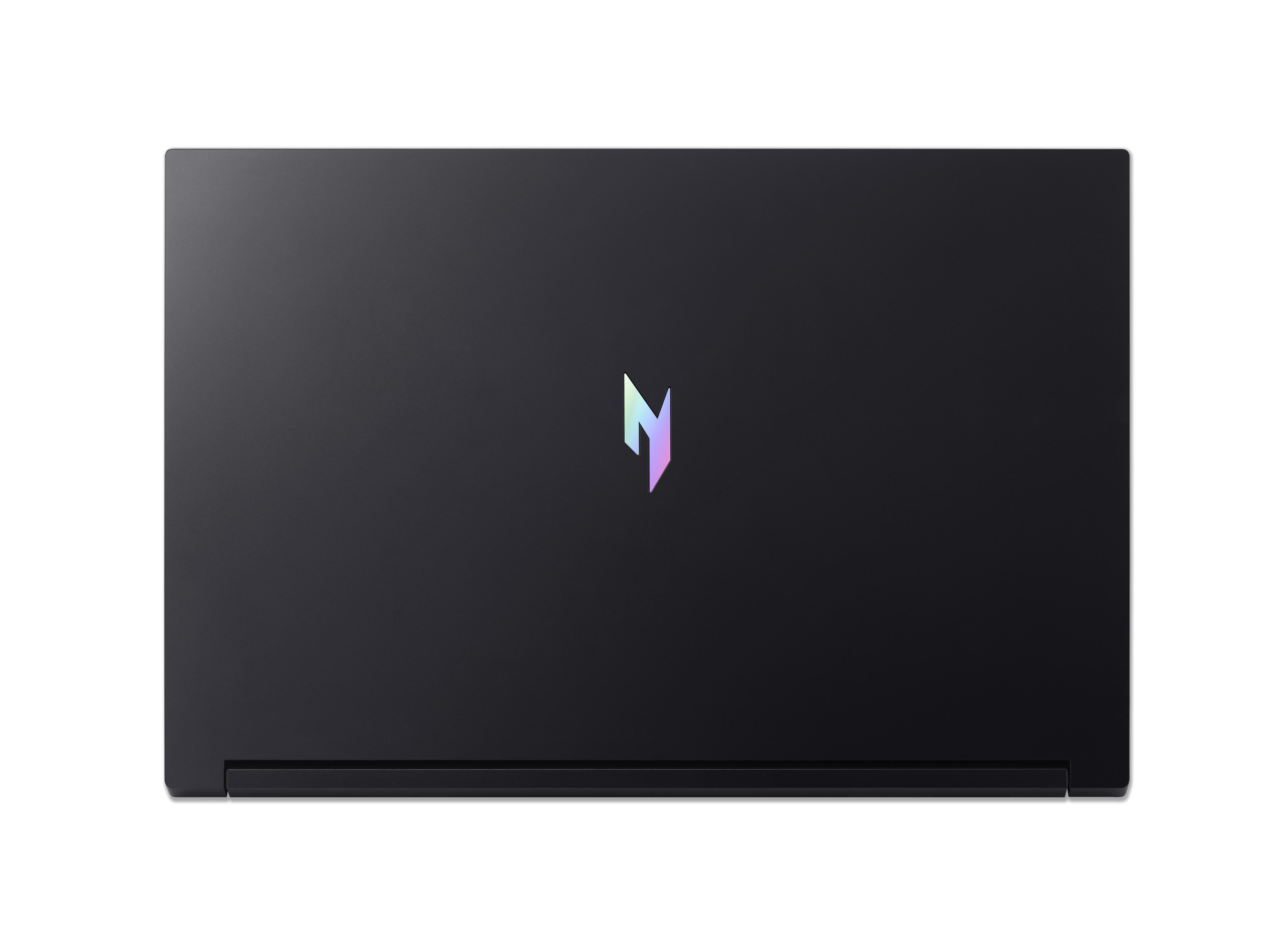 Geschlossener schwarzer Laptop mit einem schillernden Logo in der Mitte.