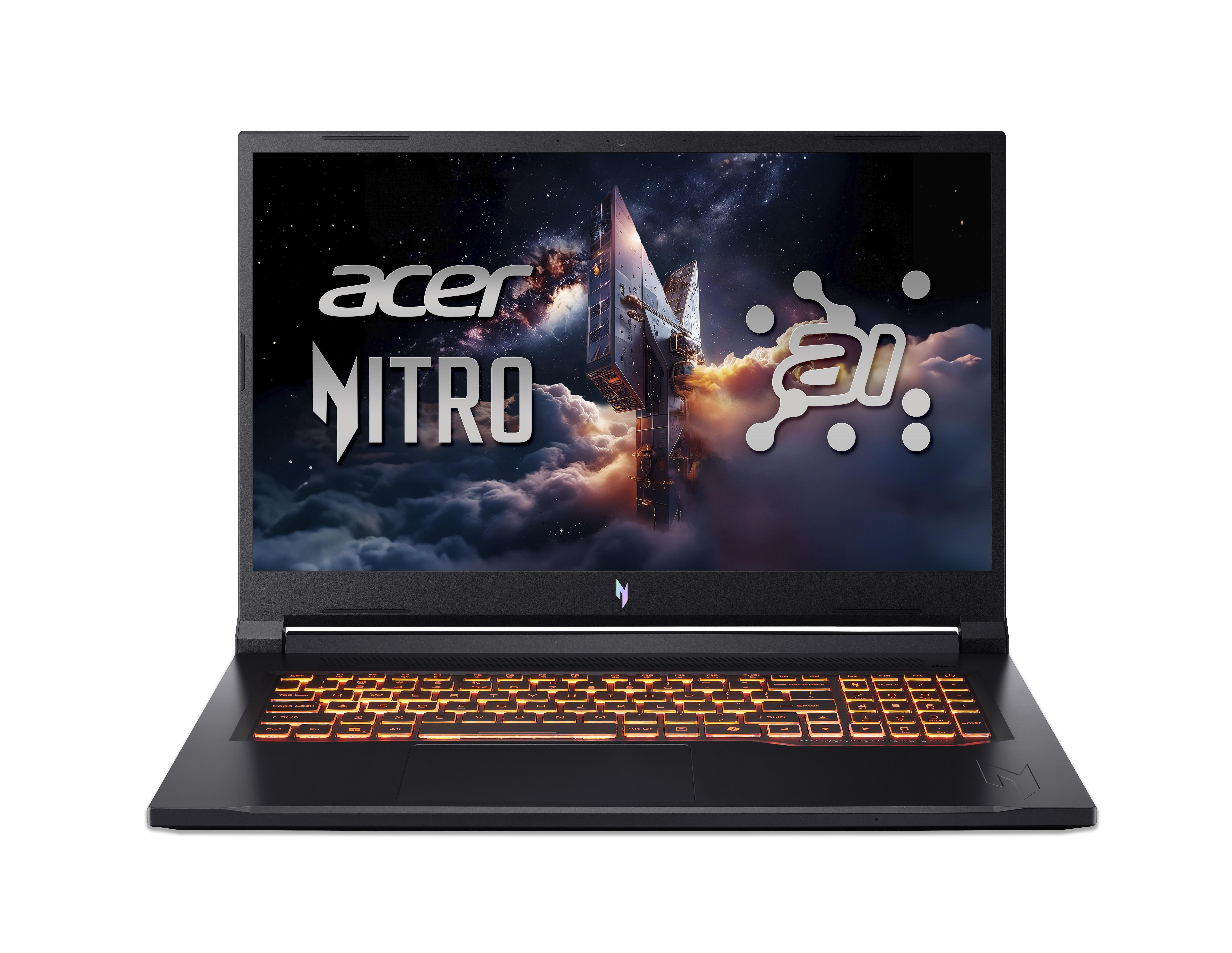 Acer Nitro Laptop mit beleuchteter Tastatur und Weltraum-Thema auf dem Bildschirm.