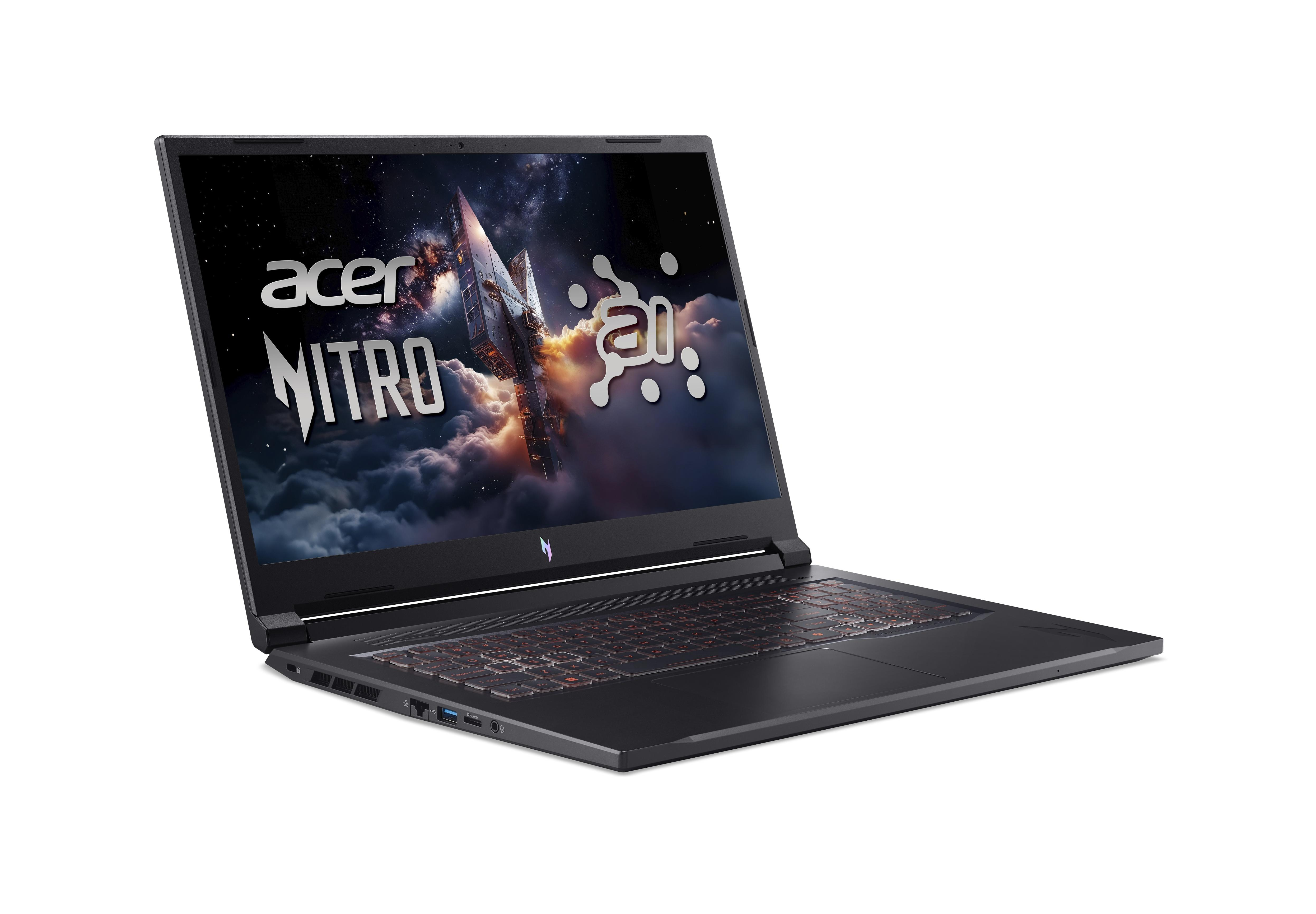 Ein schwarzer Acer Nitro Laptop mit Weltraum-Hintergrundbild und roter Tastaturbeleuchtung.