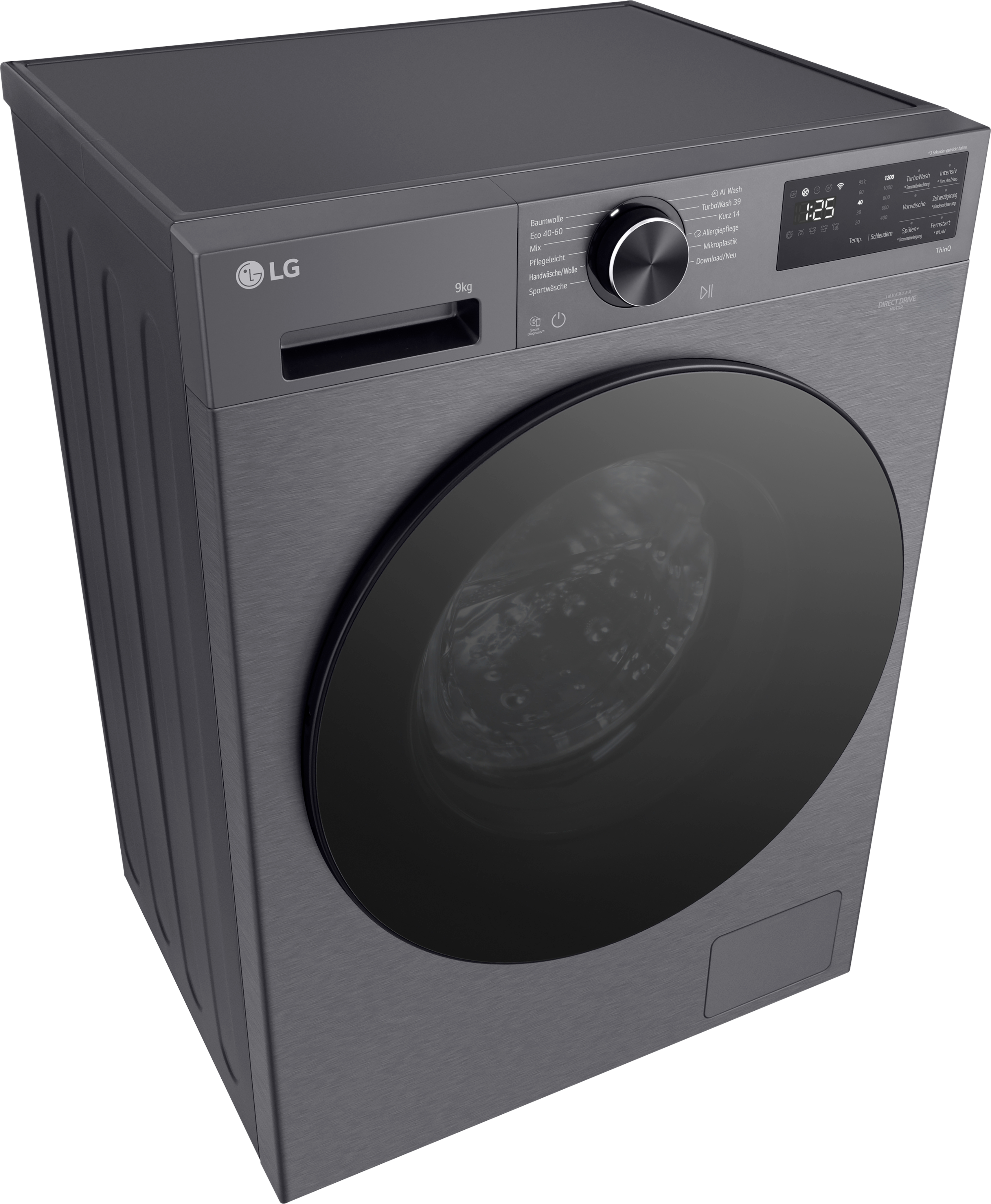 Graue LG Waschmaschine mit schwarzer Tür und digitalem Display.