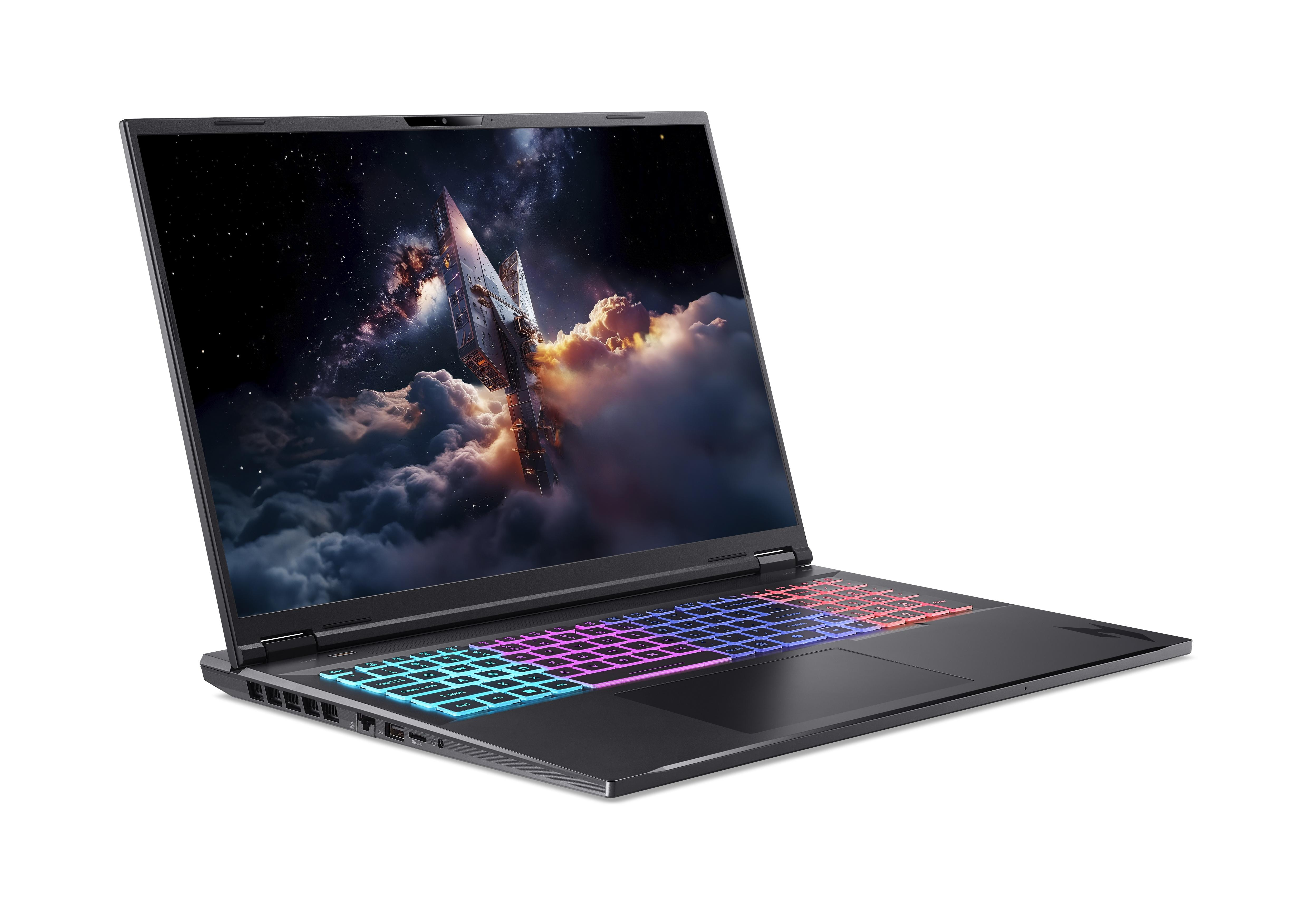 Ein geöffneter Laptop mit einem Weltraum-Wallpaper und einer bunten Tastatur.