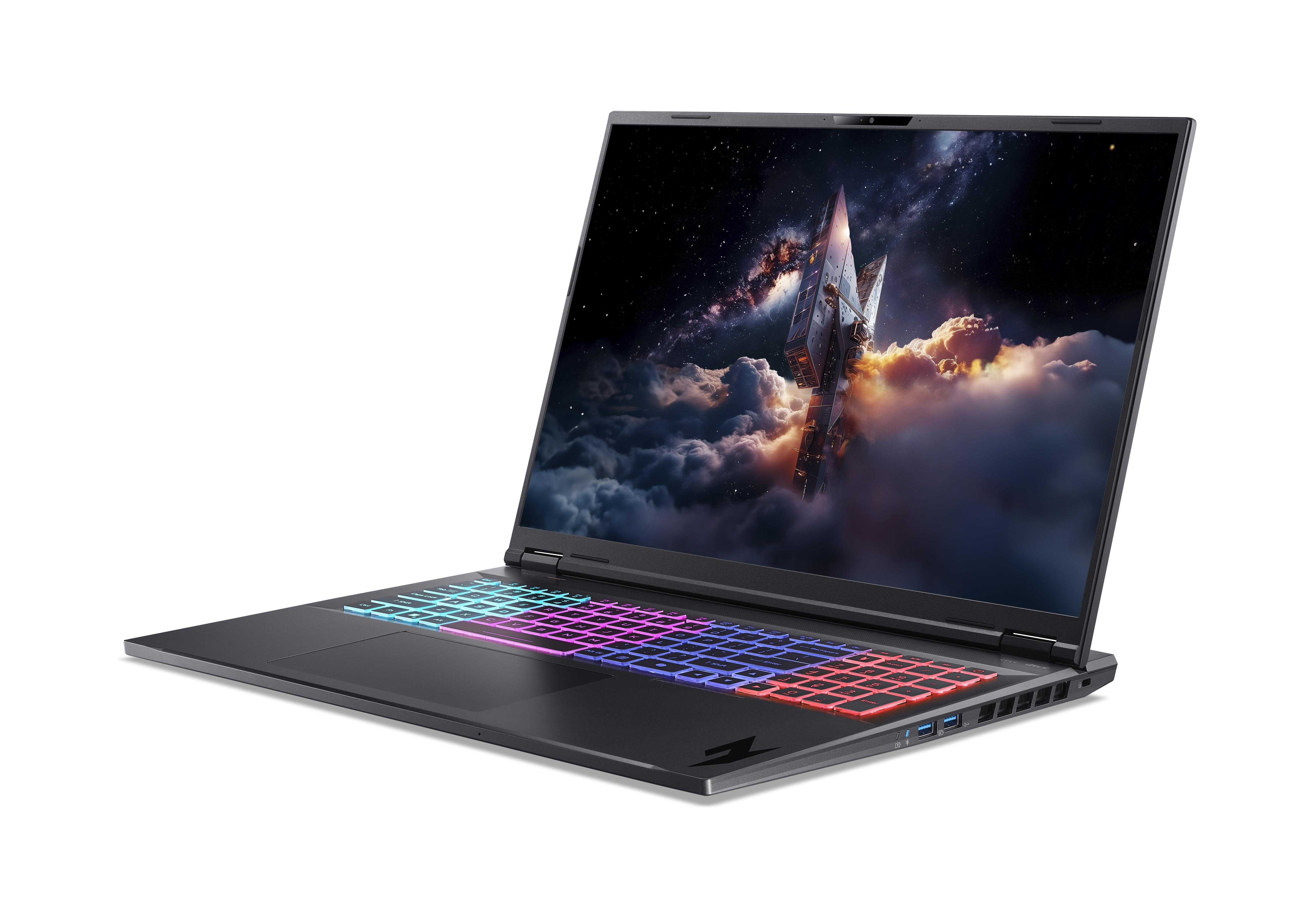 Ein schwarzer Laptop mit beleuchteter Tastatur und Weltraum-Hintergrundbild.