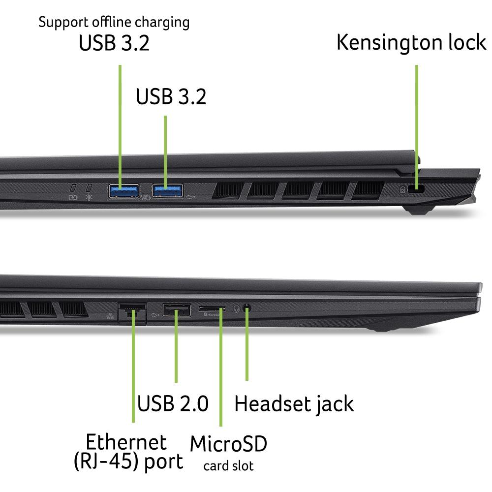 Seitenansicht eines Laptops mit USB 3.2, USB 2.0, Ethernet, Kensington-Lock.