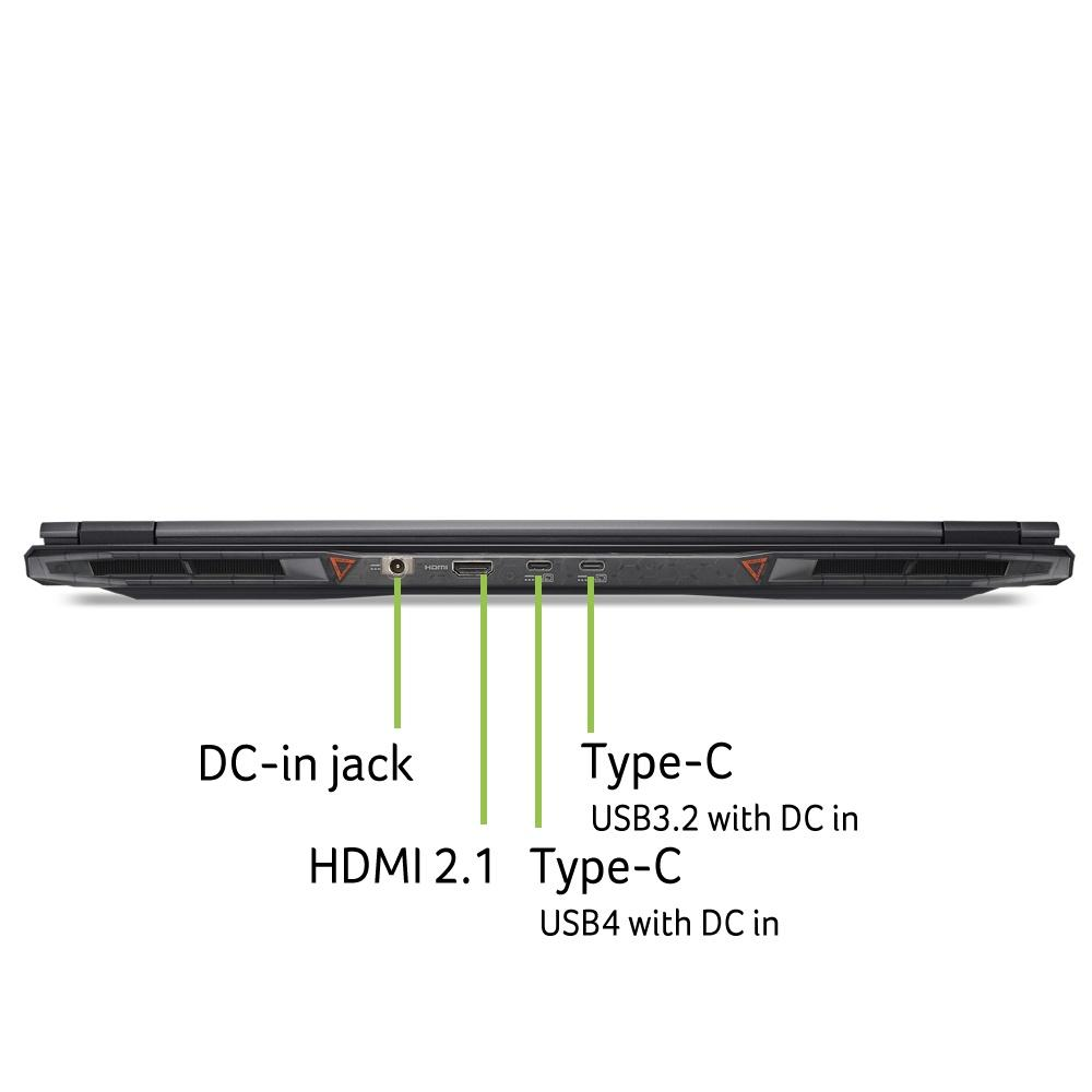 Seitenansicht eines Laptops mit Anschlüssen: DC-In, HDMI 2.1, zwei USB-C.