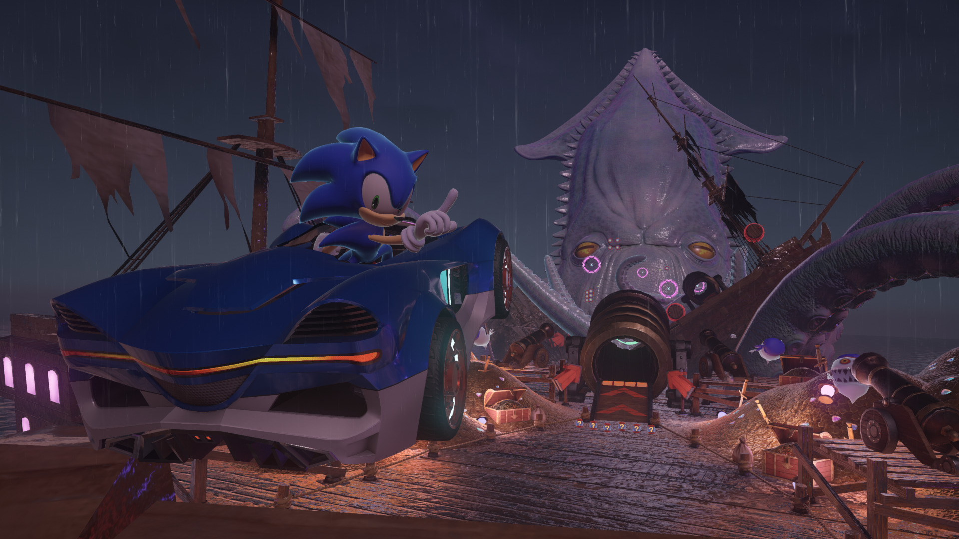 Sonic se sienta en un coche azul en un muelle, junto a un kraken gigante y un barco.